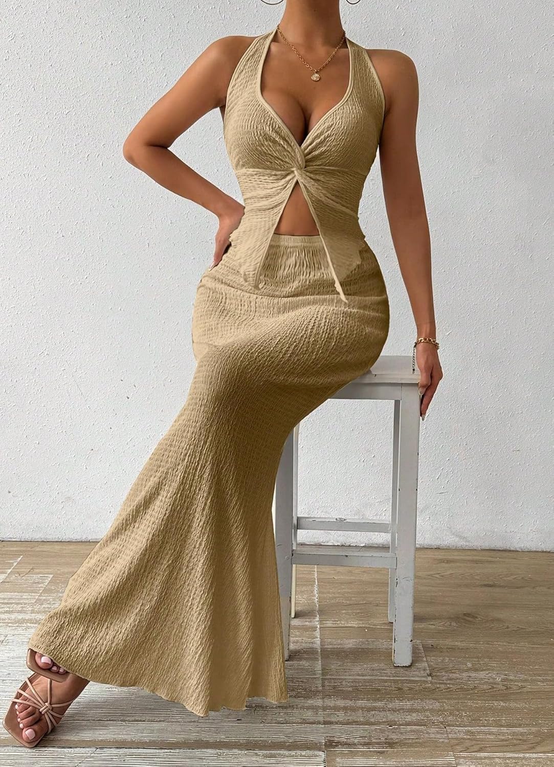 Two Piece Skirt Outfits for Women 2025 Twist Halter Crop Top and Maxi Skirt Sets 2 Piece Summer Vacation Set - Image 5