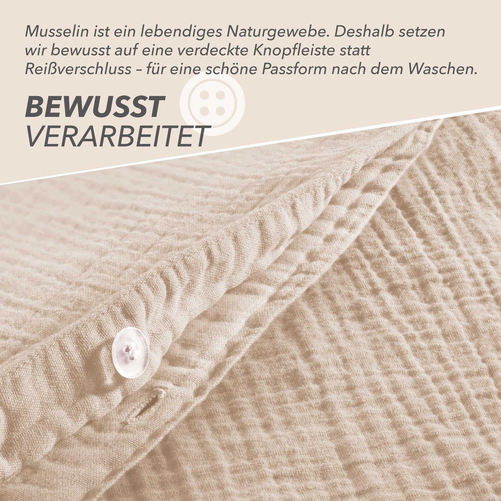 Pure Label Musselin Bettwäsche 135x200 4 teilig bestehend aus Bettbezug 135 x 200 cm 2er Set + Kissenbezug 80x80 cm 2er Set aus Baumwolle - Traumhaft kuschelige Bettwäsche-Sets in beige