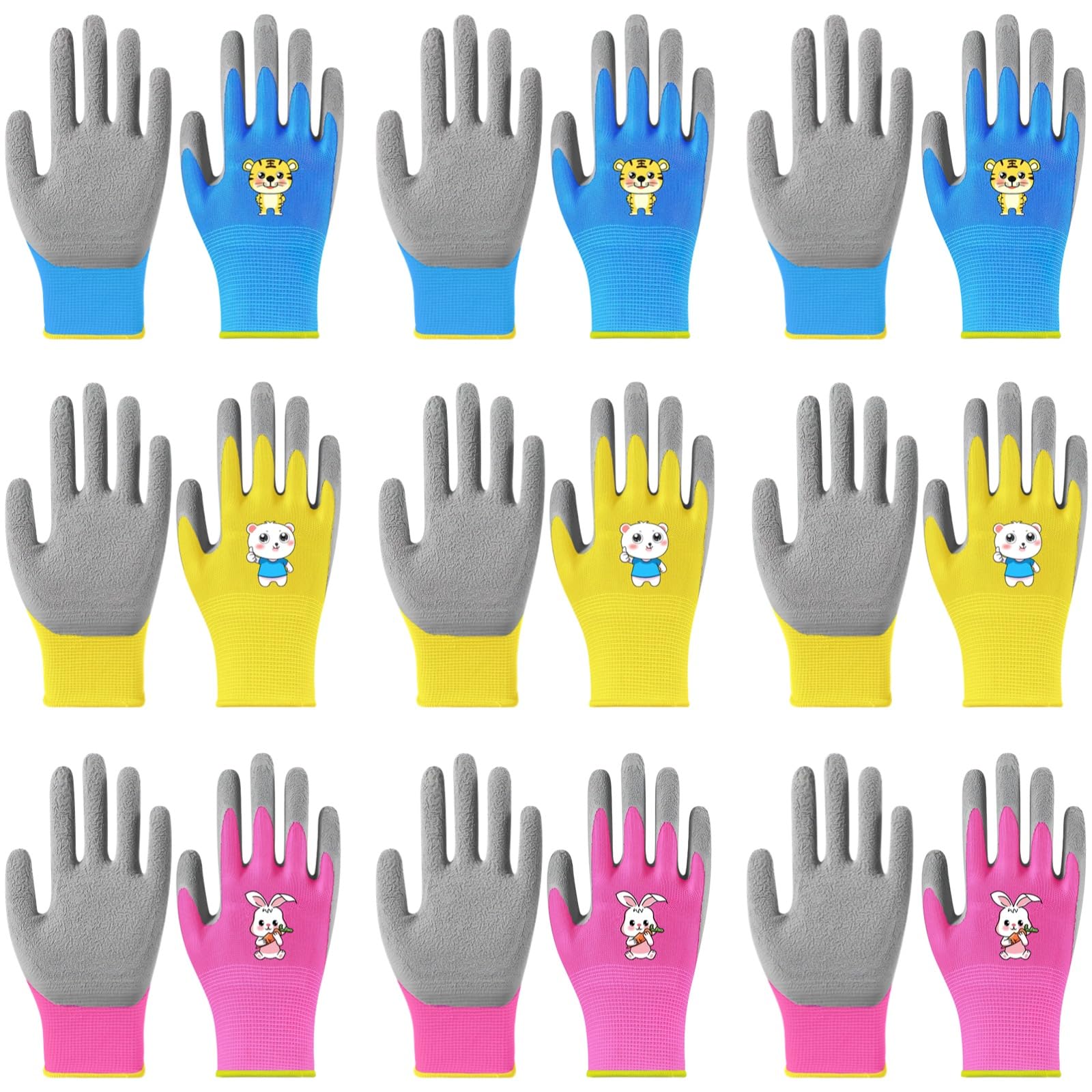 18 Paare Gartenhandschuhe für Kinder von 5 bis 9 Jahren, niedliches Tiermuster mit rutschfester Latexbeschichtung, atmungsaktive Handschuhe für Gartenarbeit, Tierpflege und Spielen im Freien