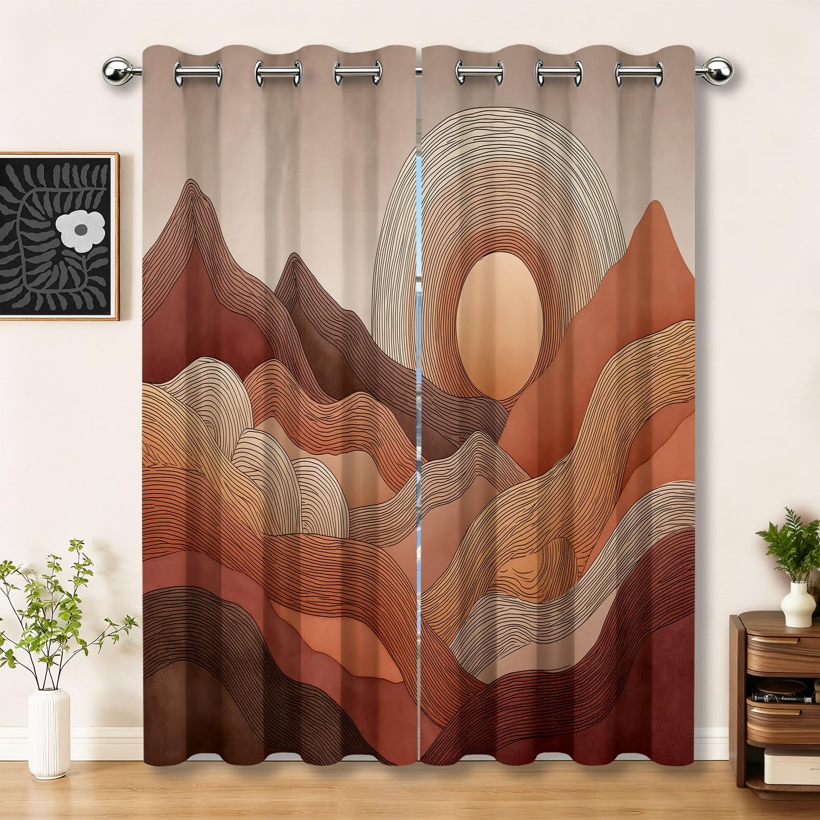 Erdfarben 100% Verdunkelungsvorhänge mit Ösen H214 x B91.5 cm (2er Set), Minimalistisch Berge Sonne Linien, Absolut Blickdichte Thermo-Gardinen gegen Hitze für Schlafzimmer und Babyzimmer