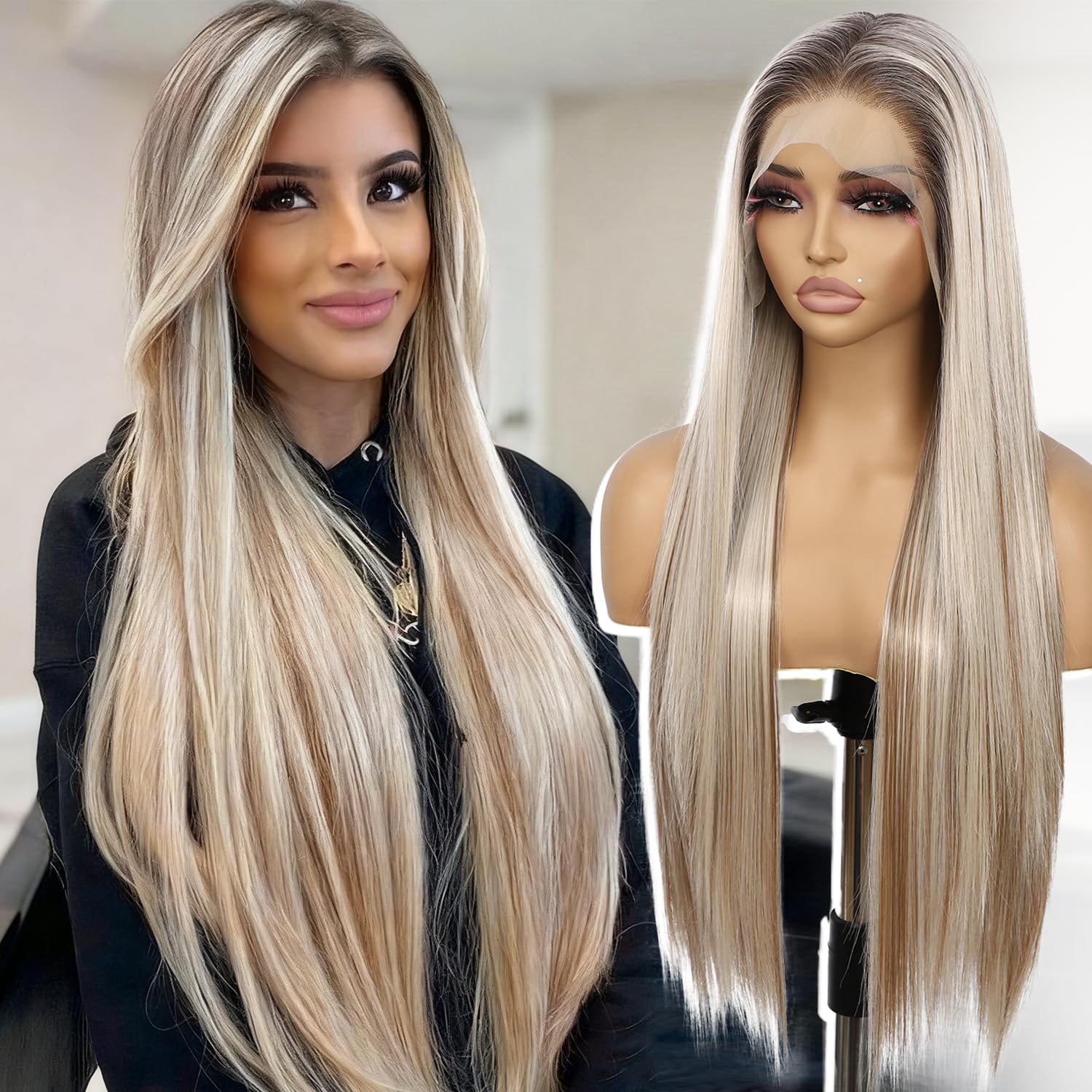 SAPPHIREWIGS 13×6 Synthetic Lace Front Wigs Long Straight Hair Pre Plucked Highlight Ash Blonde with Brown Lace Wigs for Women Heat Resistant Daily Party Use 26inch