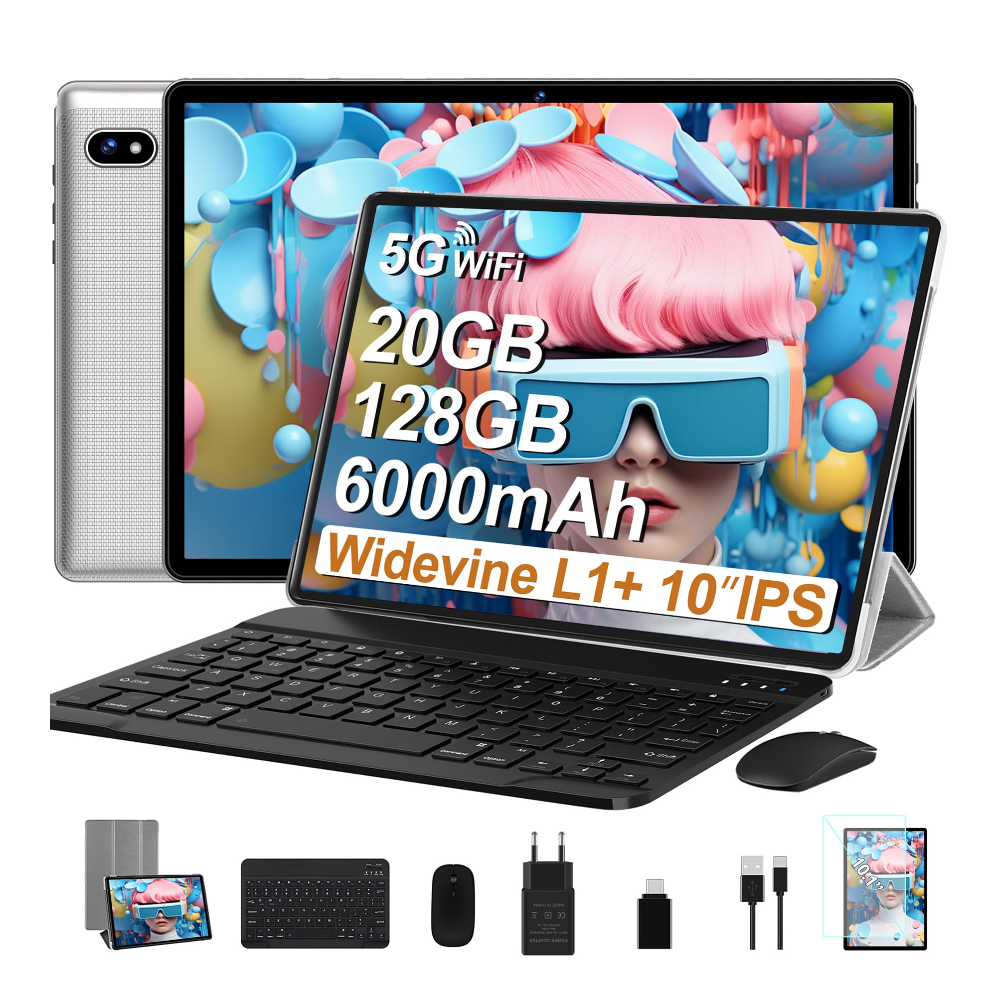 Tablette Android avec Gemini AI Tablette10 Pouces, 128Go ROM(2 To TF Extensible), Octa-Core, Widevine L1, GMS Certification, 5GWiFi, 5+8MP, Bluetooth 5.0, Tablette avec Clavier +Souris et Cast, Silver