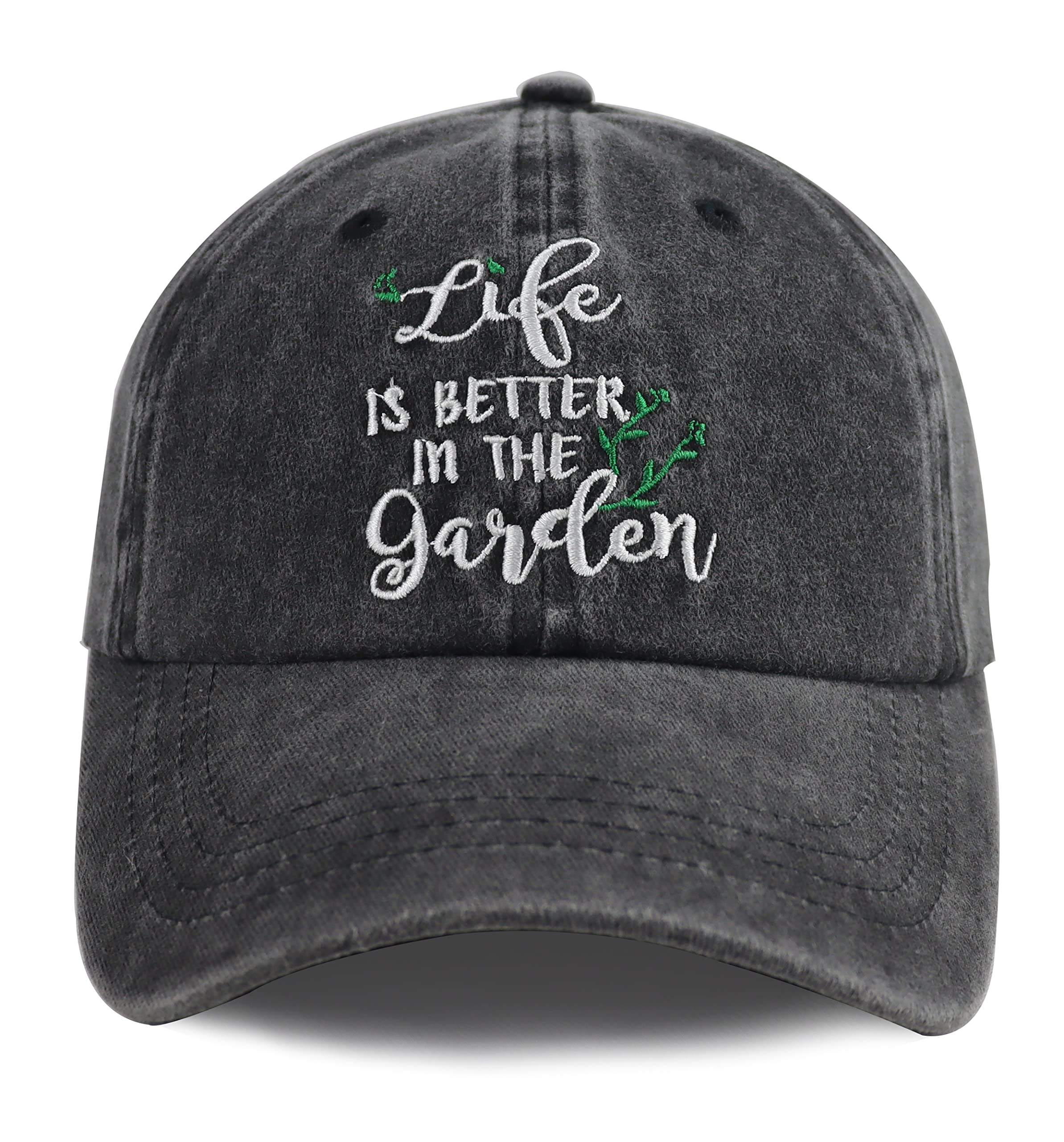 KamapleFunny Life is Better in The Garden Hat, Unisex Adjustable Cotton Denim Embroidered Baseball Caps