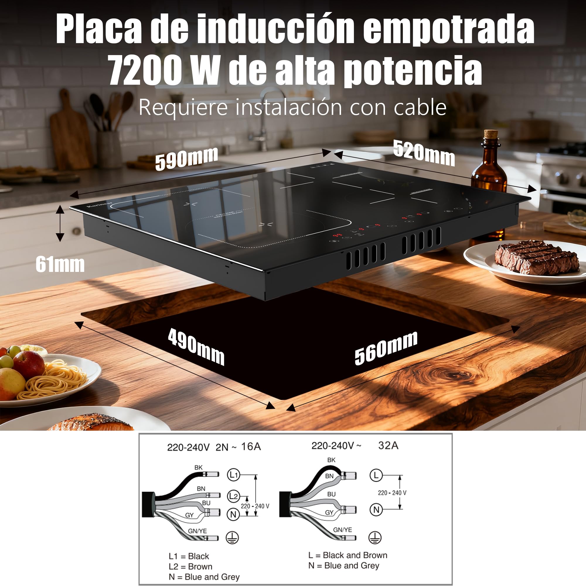 Placa Inducción 4 Fuegos con Zona Flexible, Empotrable 60CM, 7200W Karinear | sin Enchufe, Función «Boost», temporizador, bloqueo de seguridad para niños