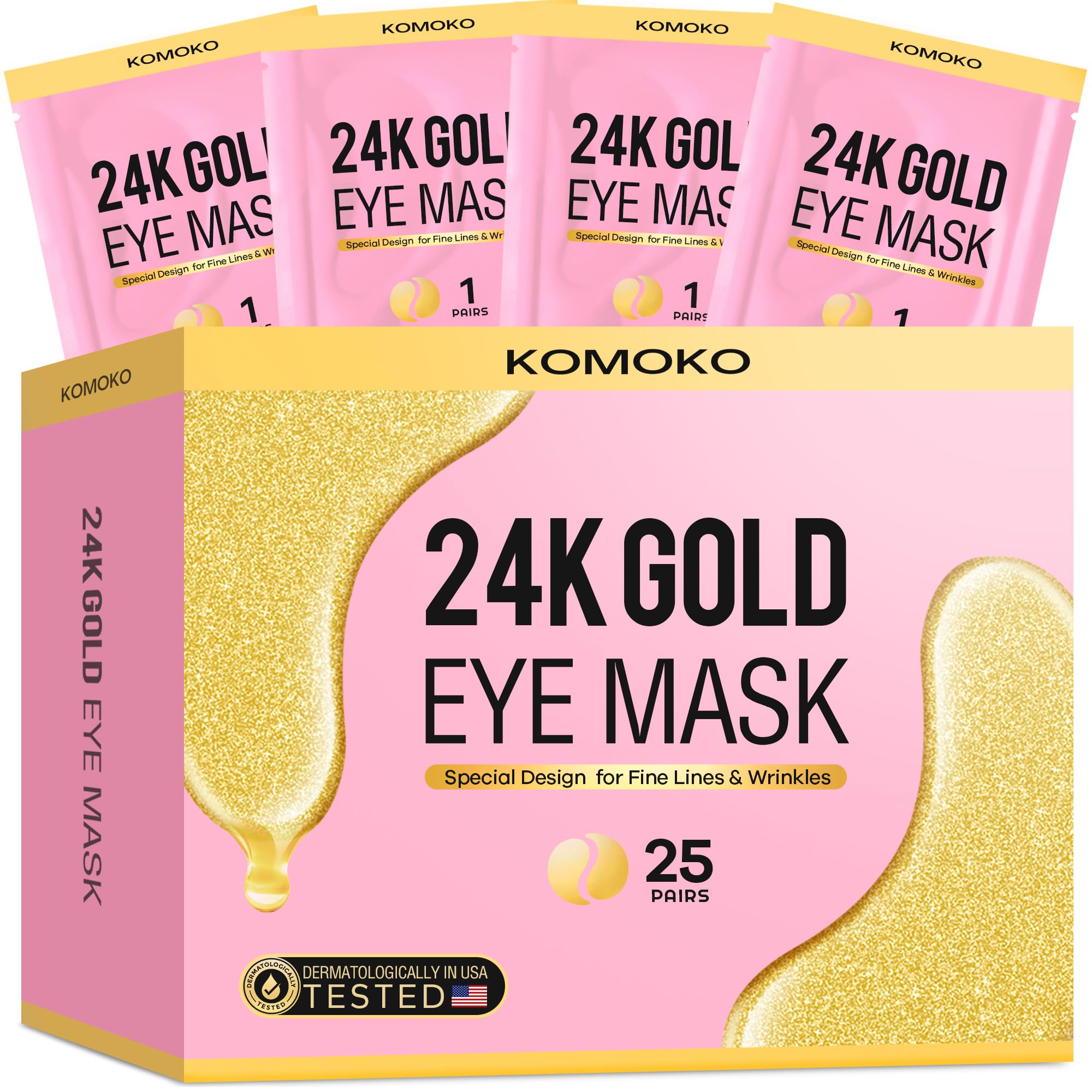 Komoko 25-Pairs 24K Gold Under Eye Patches, Skin Care, Golden Under Eye Mask Anti-Aging Collagen & Amino Acid, Eye Mask for Removing Dark Circles, Puffiness and Wrinkles, Refresh Your Under Eye Skin