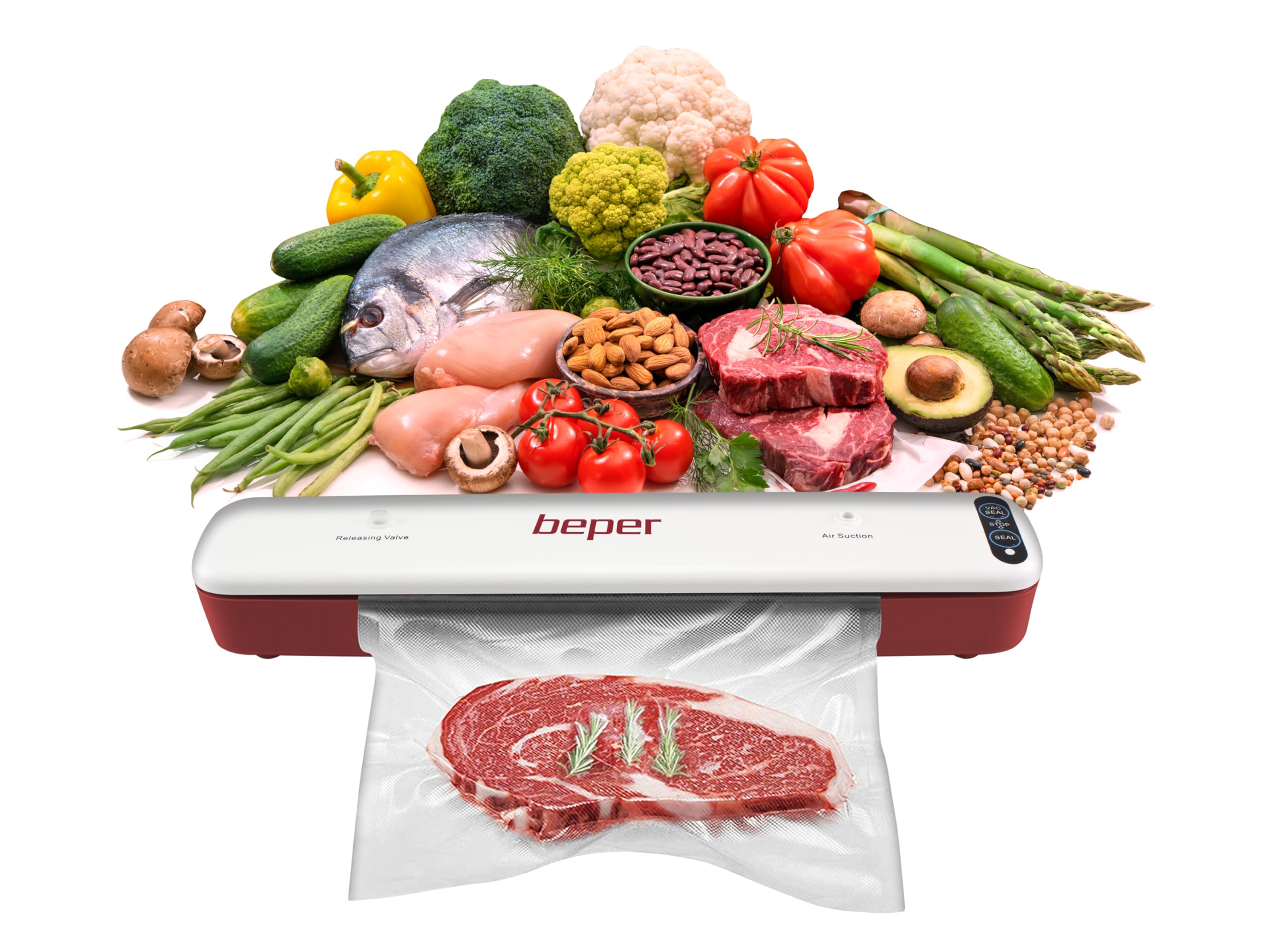 BEPER P102CON001 Machine sous vide avec 5 sacs sous vide, ABS, double opération, ruban d'étanchéité de 30 cm, blanc/gris
