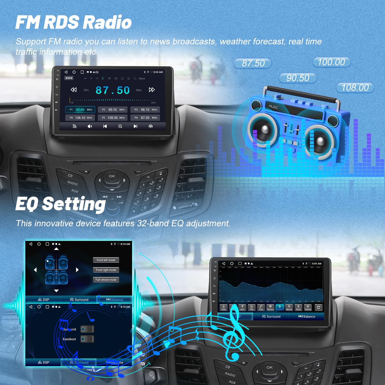 [2+64GB] Android Radio de Coche para Ford Fiesta 2009-2014, 9 Pulgadas Estéreo del Coche con Pantalla Táctil Wirelss CarPlay y Android Auto, WiFi, GPS, Radio FM RDS, Cámara de Marcha Atrás
