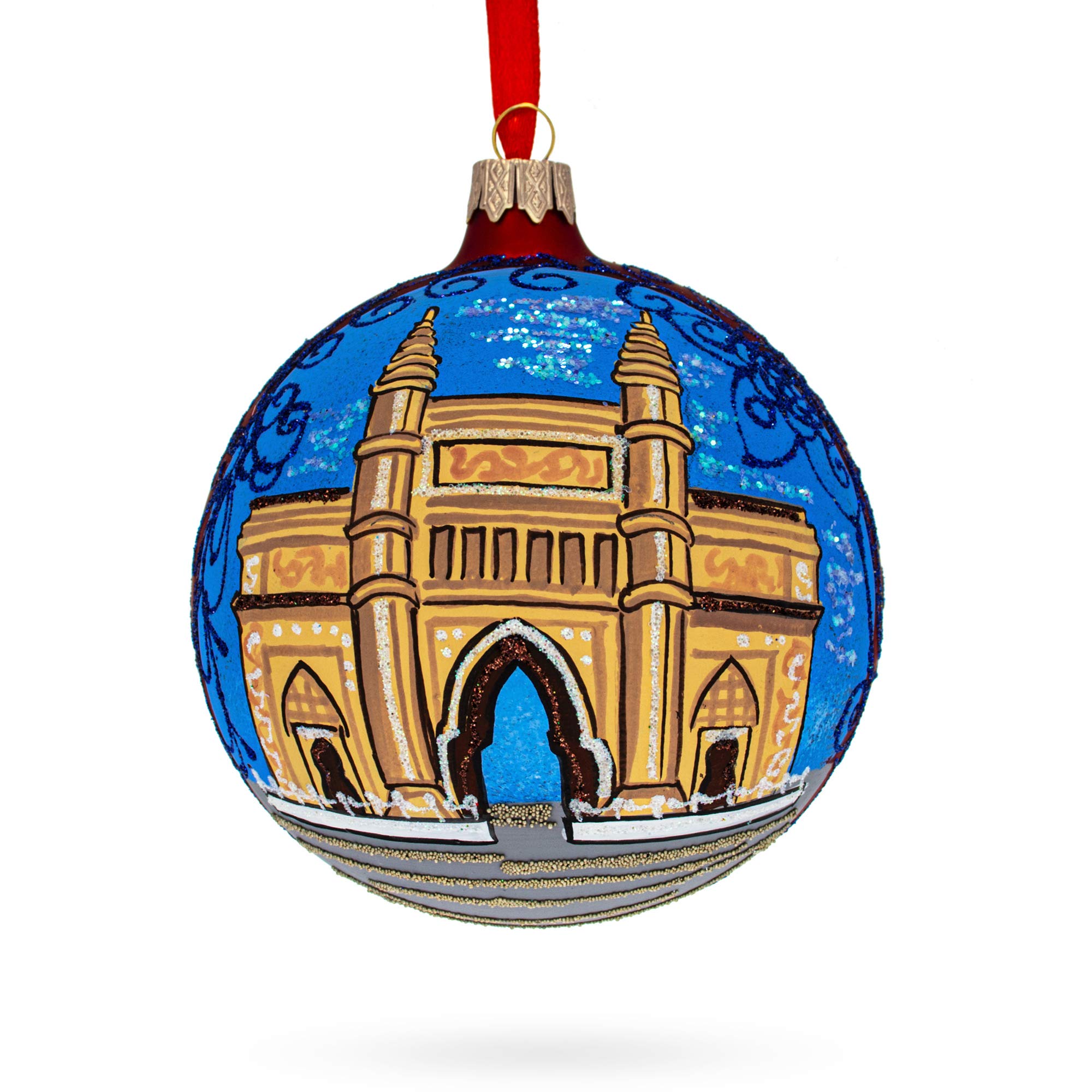 Bola de Navidad de Vidrio de la Puerta de India, Mumbai 4 Pulgadas.
