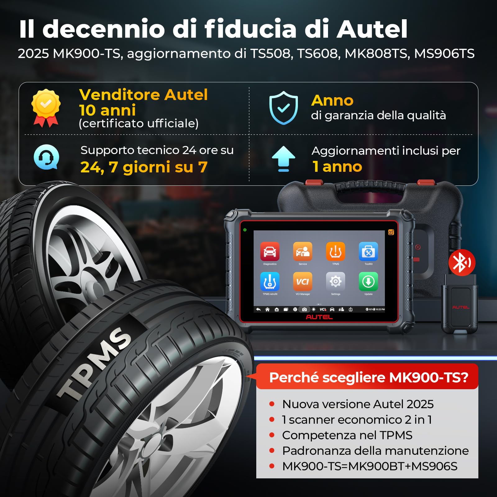 Autel MaxiCOM MK900-TS TPMS Scanner, strumento bidirezionale 2024 aggiornato di MaxiCheck MX808S-TS, MK808S-TS, MS906TS con 40+ servizi, 3000+ test attivi, diagnosi di tutti i sistemi, No-IP limitata