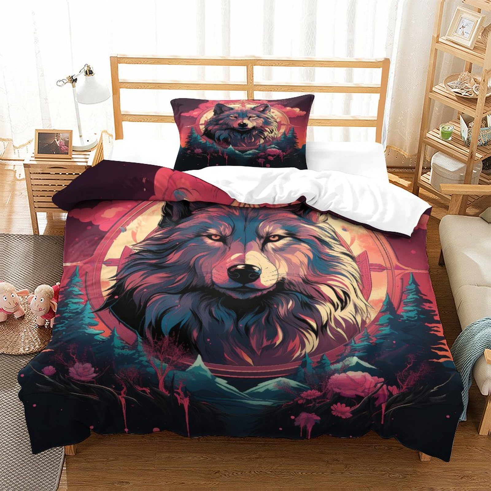 VFKLZCNYR Wolf 3Pcs Bedding Set Printed Quilt Cover,3D Duvet Cover for Boys Adult, Microfibre, with Pillowcases Easy Care Microfiber Comforter Cover Hidden Zipper Single（135x200cm）