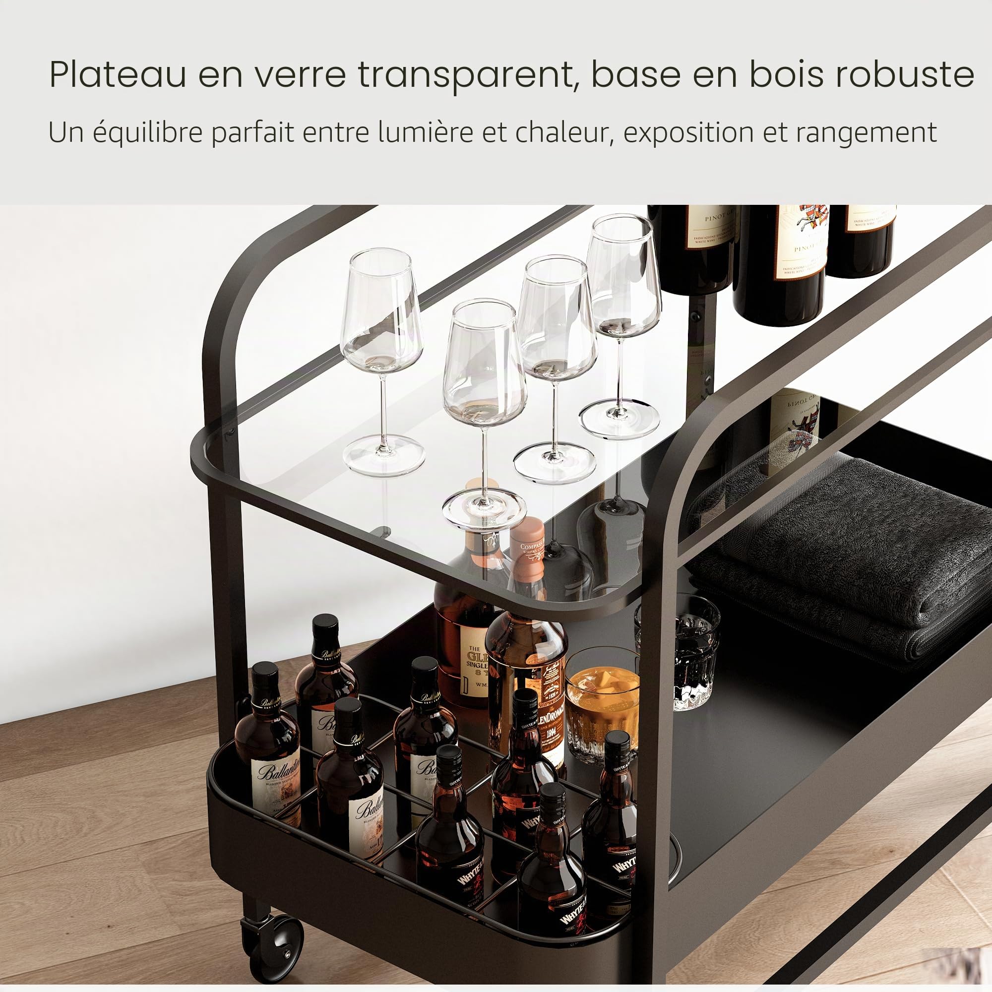 Chariot de Bar 2 Niveaux, Table Roulante pour Boissons avec Plateau en Verre Trempé et Porte-Bouteilles, Bar Roulant avec Roues Freinables, Chariot de Rangement pour Cuisine, Salon, Noir