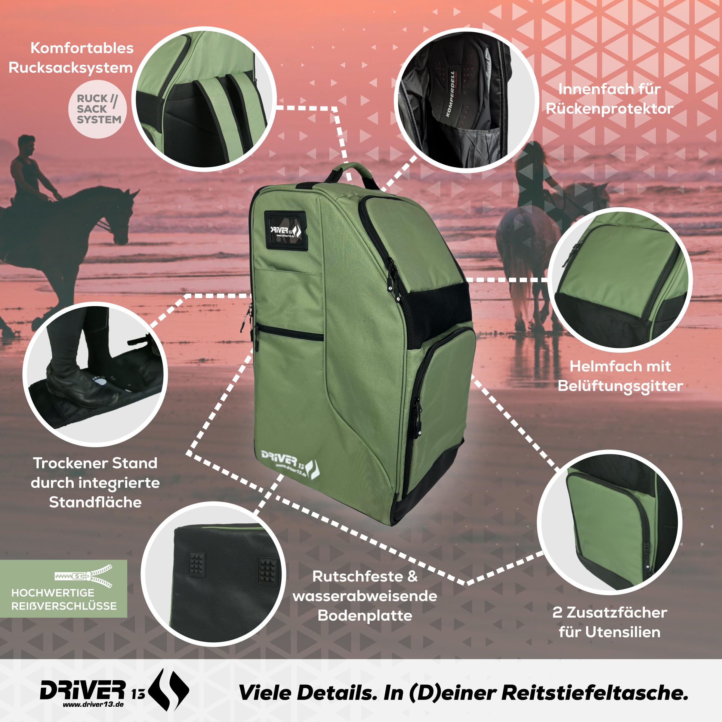 Driver13 Reitstiefelrucksack Deluxe mit Helmfach, Reitstiefeltasche und Stiefeletten Tasche, für Reitstiefel und Zubehör, Farbvarianten