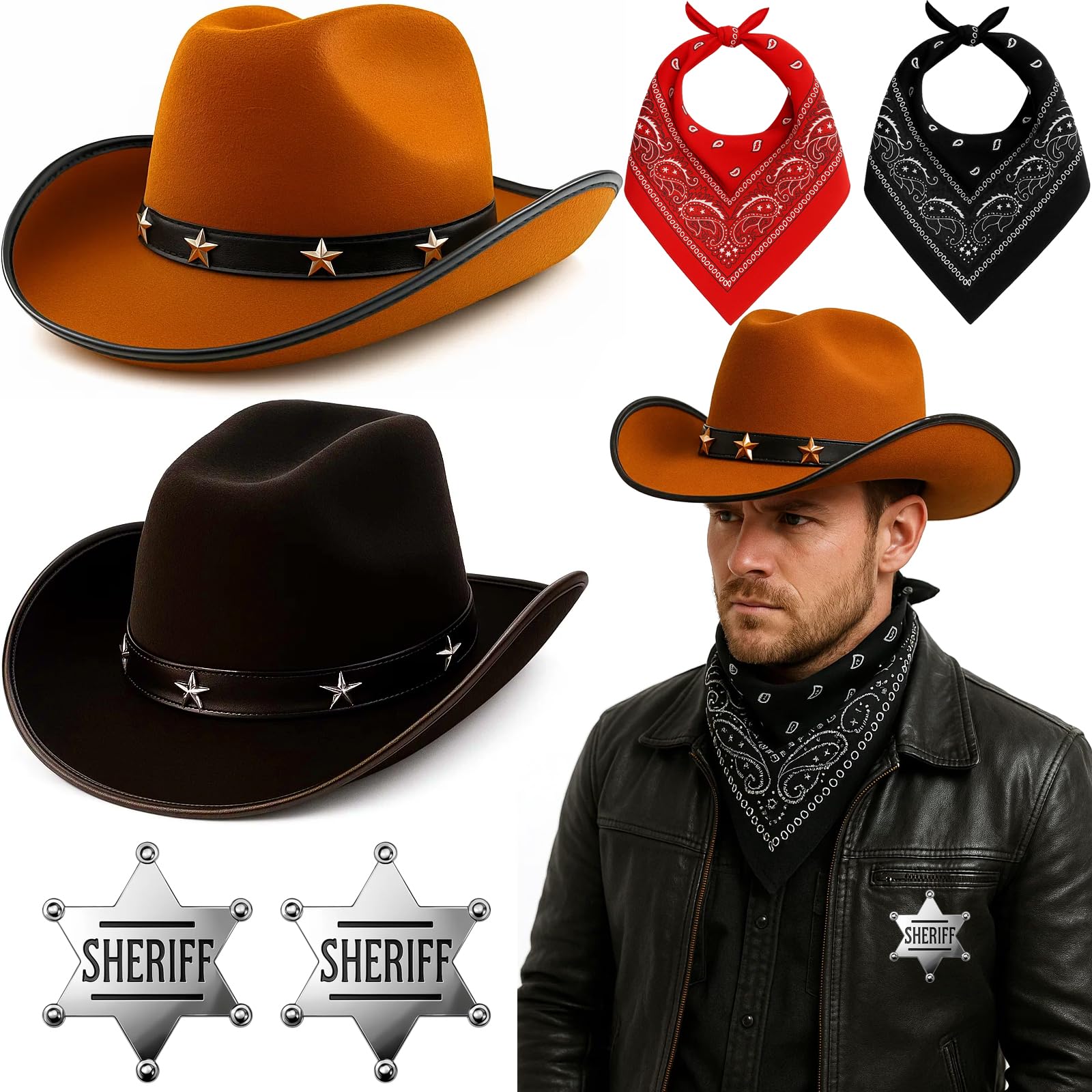 PXDUCN Cowboy Hat, Halloween Costumes, 6 Pcs Black and Brown Star Studded Cowboy with Red Black Bandanas and Sheriff Badges, Western Costume for Halloween