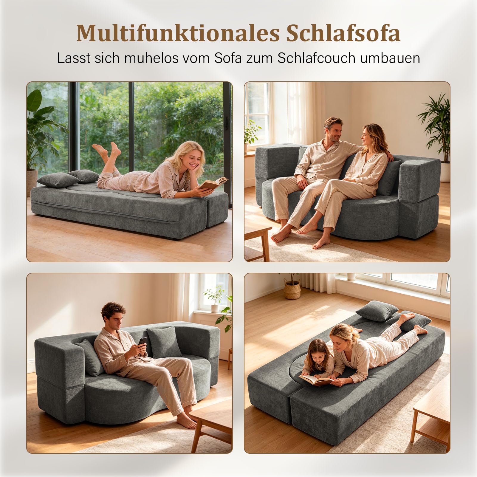 Faltbares 3-Sitzer Gästebett & Schlafsofa, 200 cm breites XXL Bett in Grau – Bequeme Klappcouch für Wohnzimmer, Schlafzimmer als Lounge oder Gästebett