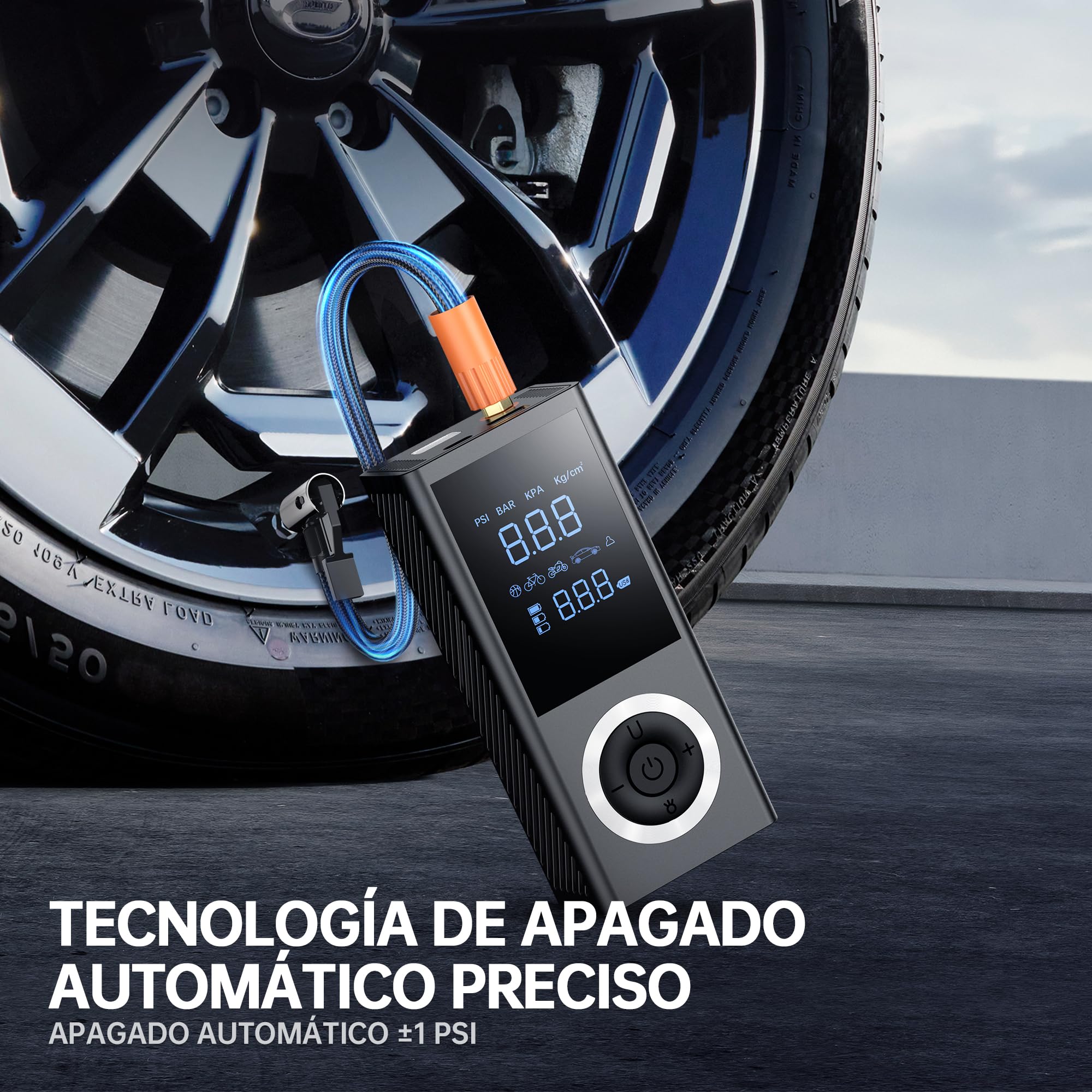 Inflador de Neumáticos 150 PSI – Compresor de Aire Portátil e Inalámbrico con Pantalla Digital, Luz LED, Apagado Automático y Batería Recargable 10000 mAh para Coche, Moto y Bicicleta