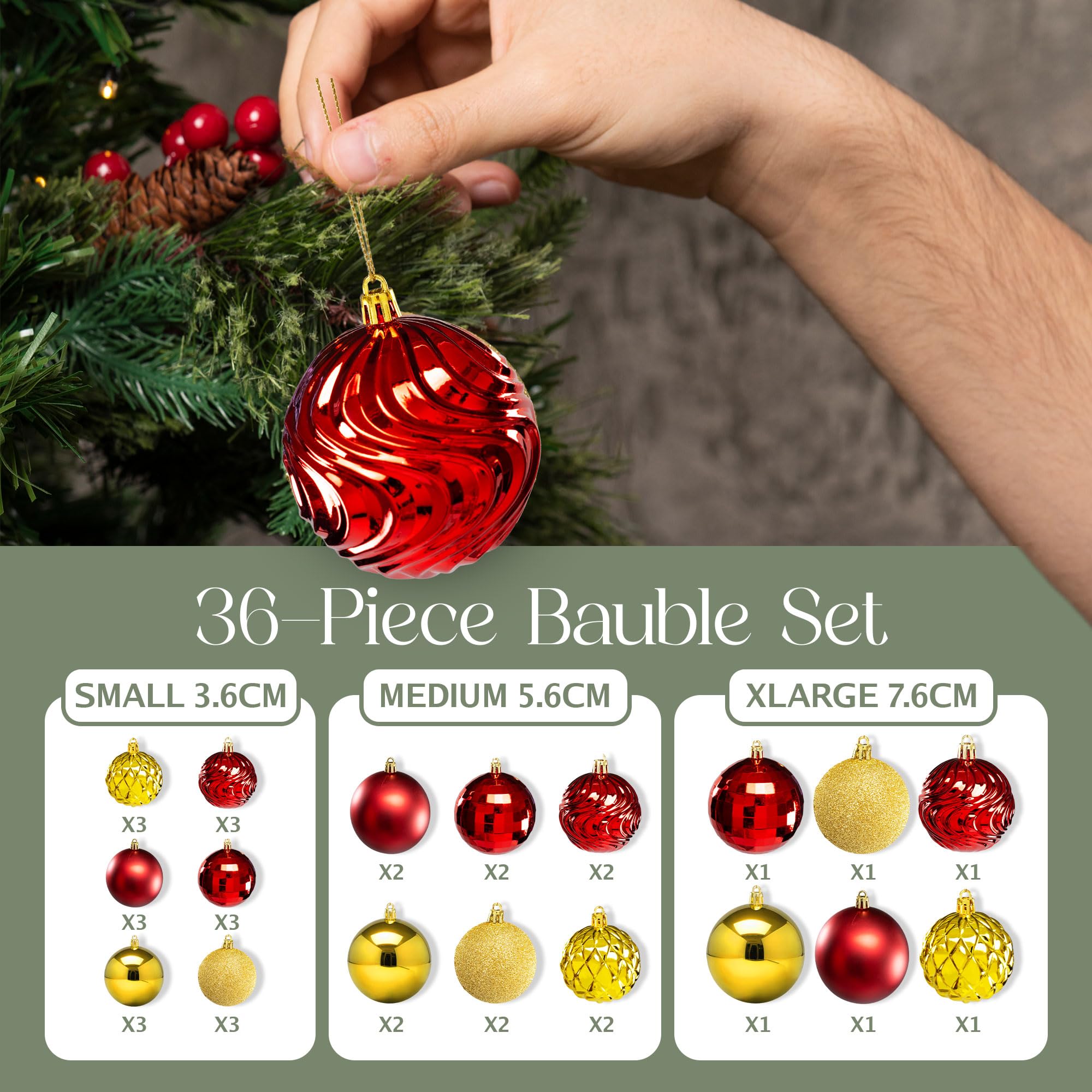 Pelle & Sol 36-Piece Christmas Decorations Bauble Set, Shatterproof Christmas Tree Decorations, Glitter, Disco Ball - Image 2