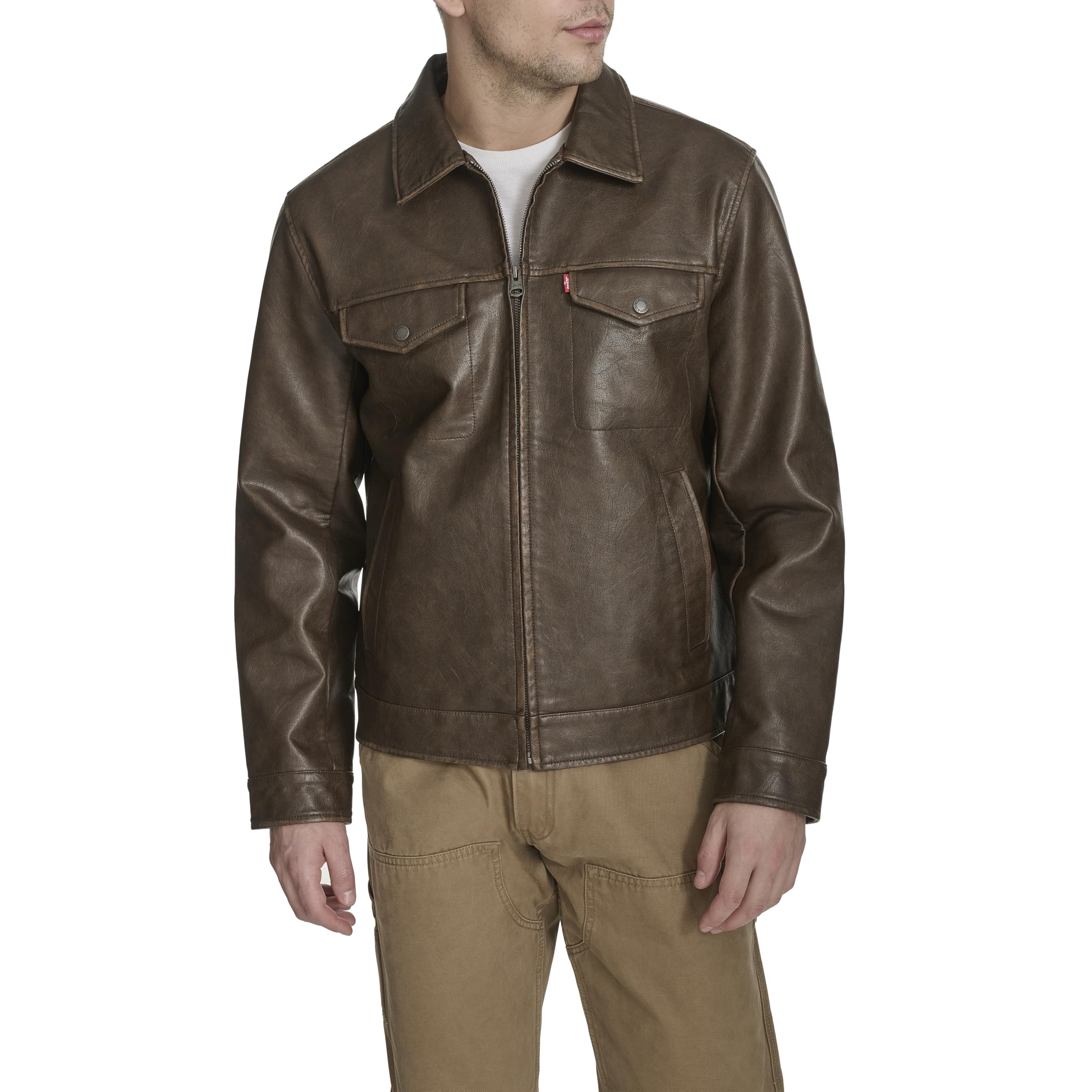Levi's Men's Saddle Faux Leather Modern Trucker Jacket, L