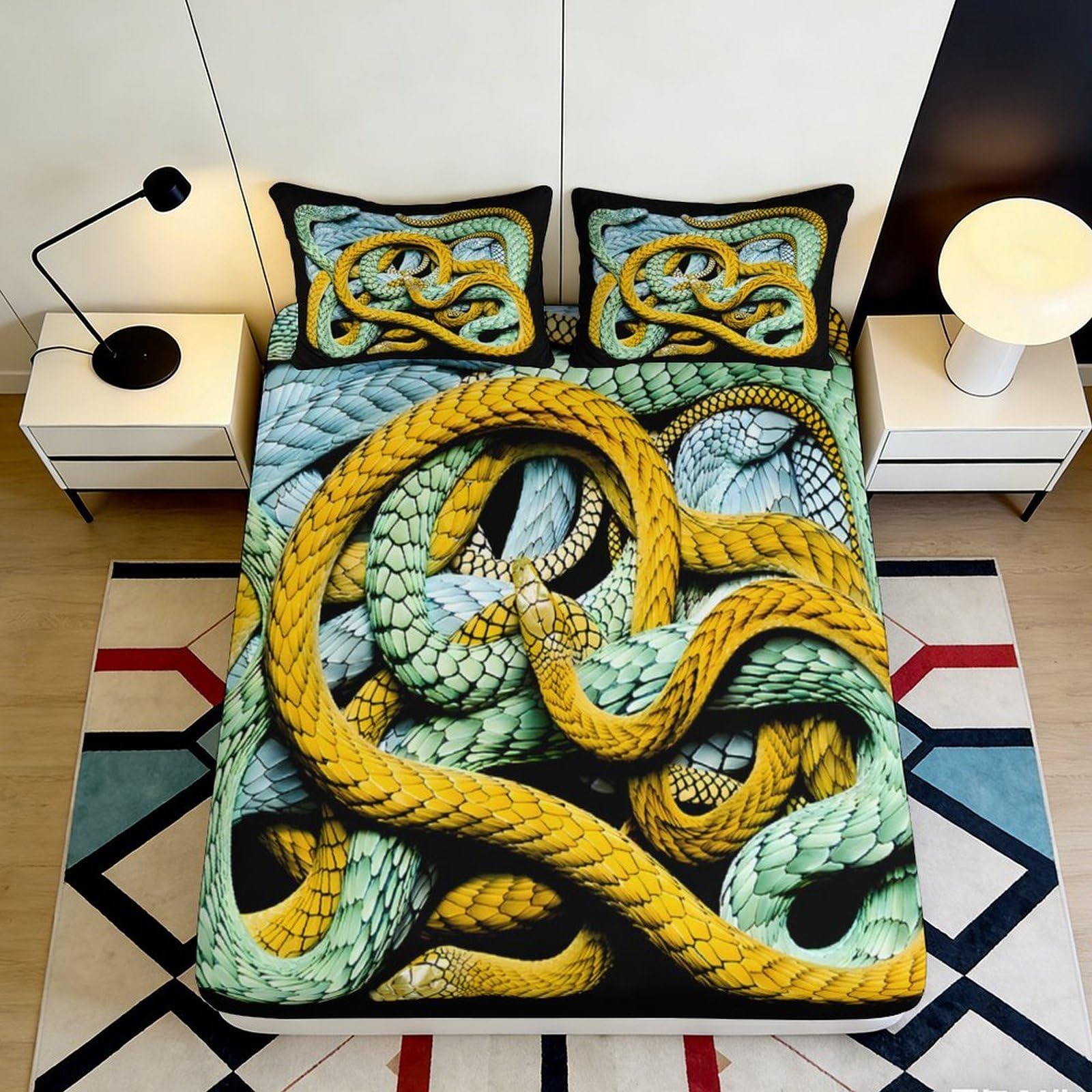 Kzqnxhjprl Style-2 3D Printed Golden Snake Fitted Sheet Microfiber Soft Breathable Green Serpent Mattress Cover Bedroom Dorm Decor 90X200x25cm