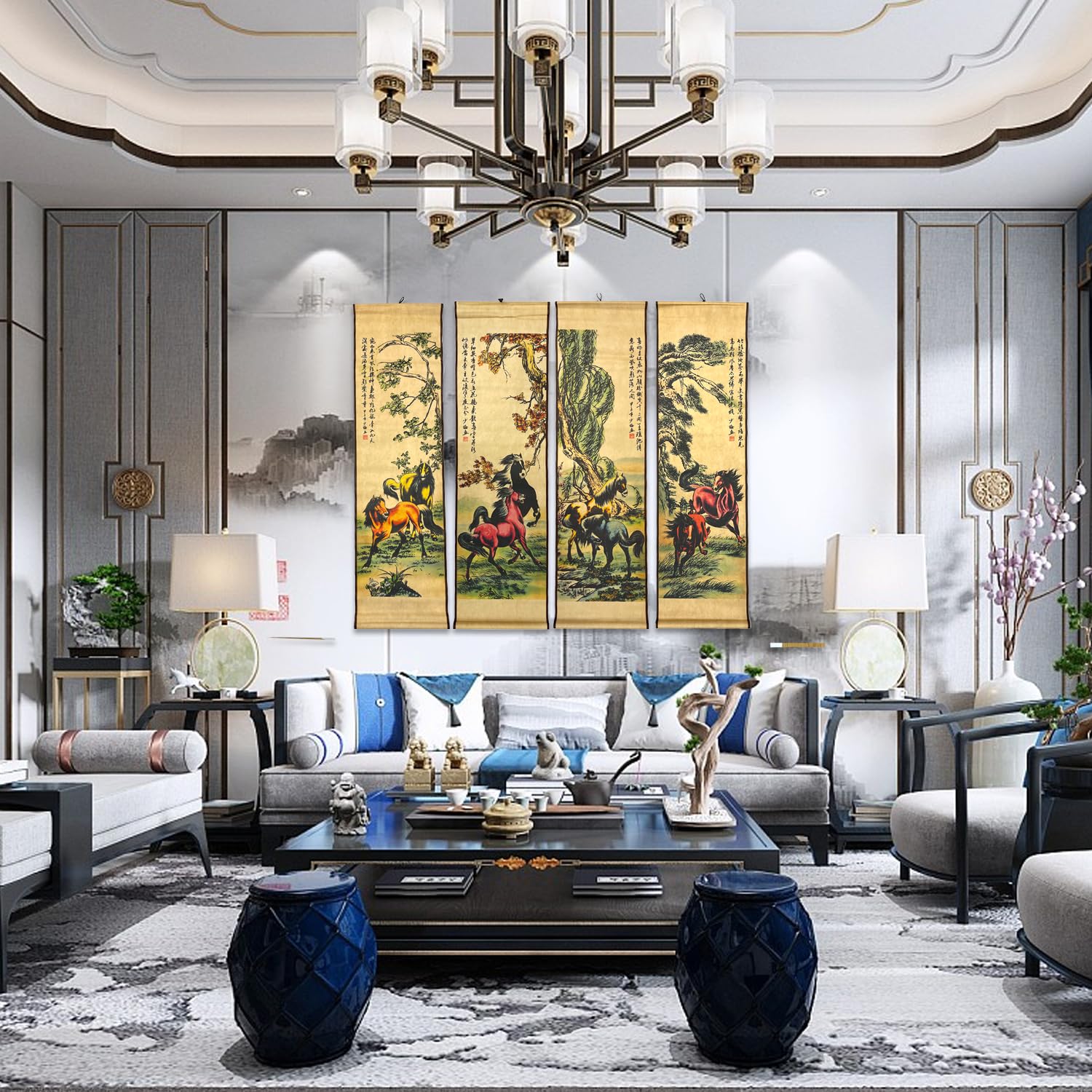 CIFIBIFUN 4 Panels Watercolor Horse Scroll Painting for Living Room Farmhouse Large Wall Hanging Decor, 8 Horses Animal,56.8x49 Inches