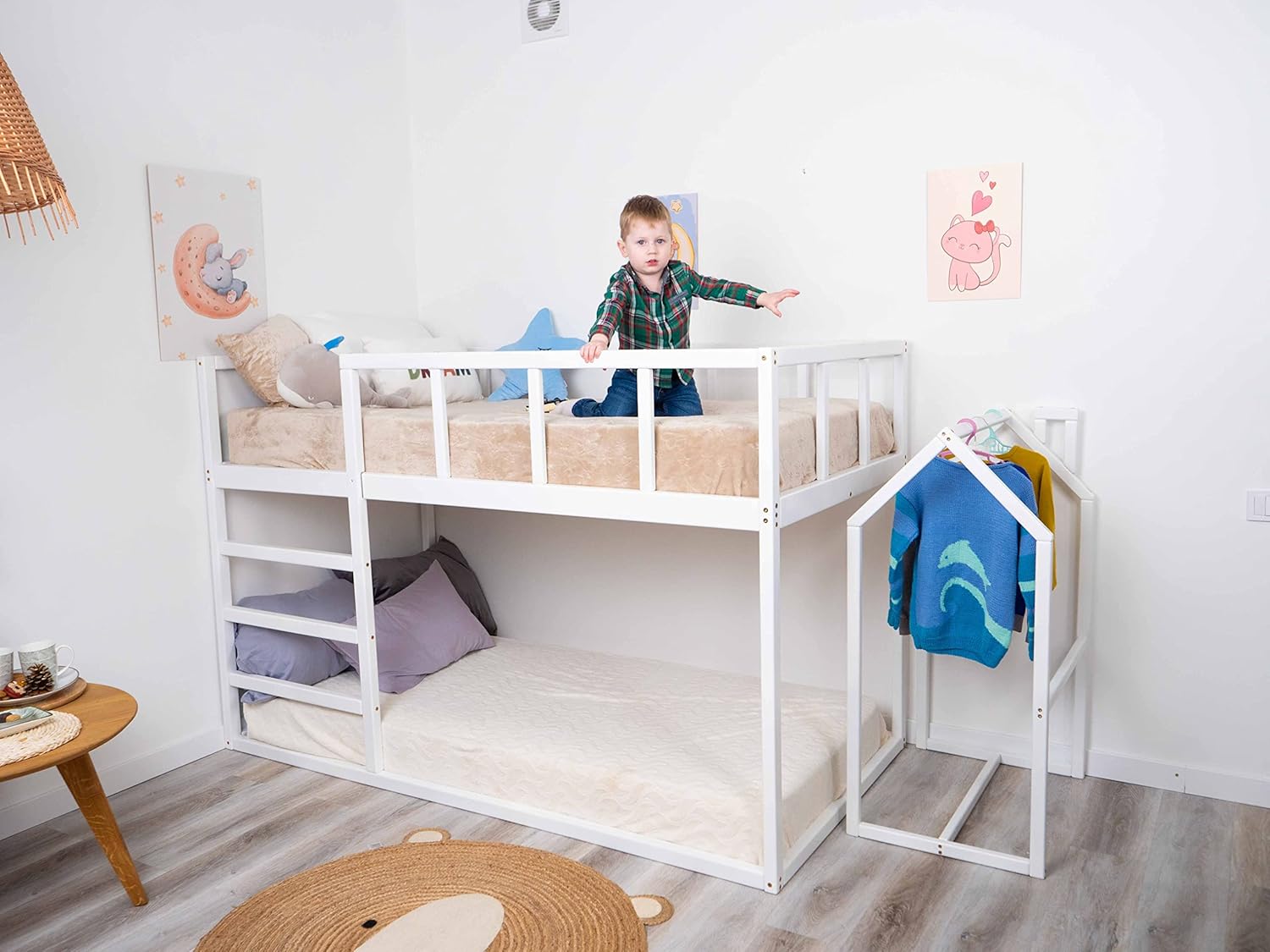 BUSY WOOD Bunk Bed for Toddlers – Twin Bed Frame – Wooden Loft Bed Twin – Montessori Kids Bedroom Furniture – Toddler Bunk Sleeping Frame (Model 13)