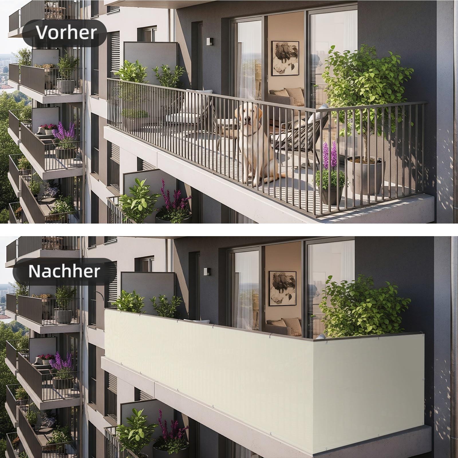 Shade&Beyond Brise Vue Balcon 100x500cm Imperméable, Protection UV, Résistant au Vent, avec Trous et Serre-Câbles pour Terrasse Extérieure,Blanc cassé