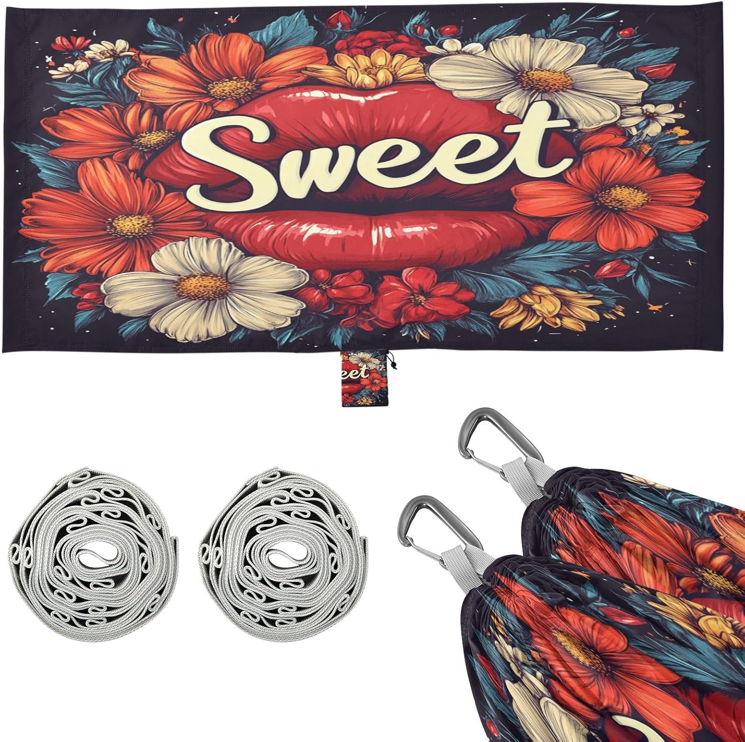 Valentines Day Flowers Red Lips Sweet Camping Hammocks with Tree Straps Cloth Hammock for Indoor Outdoor Patio