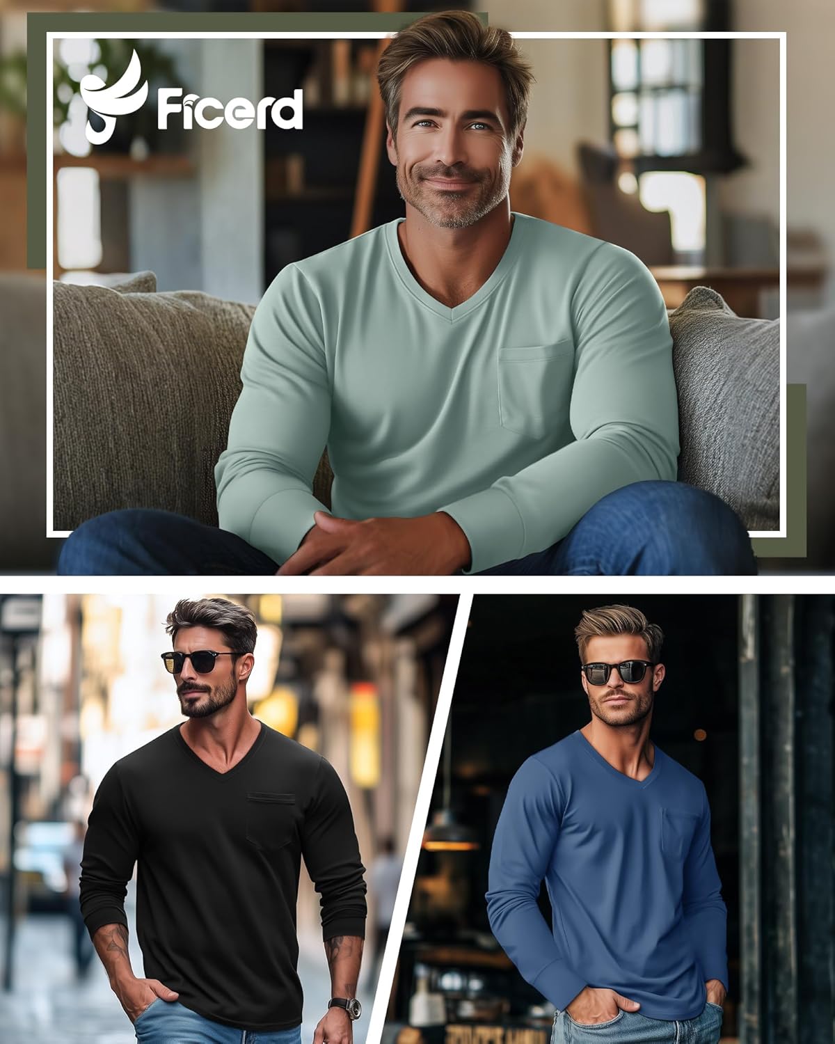 Ficerd 3 Pack Men's Big and Tall V Neck Shirts with Pocket Long Sleeve Plus Size Tops Basic Casual Loose Fall Tee - Image 2