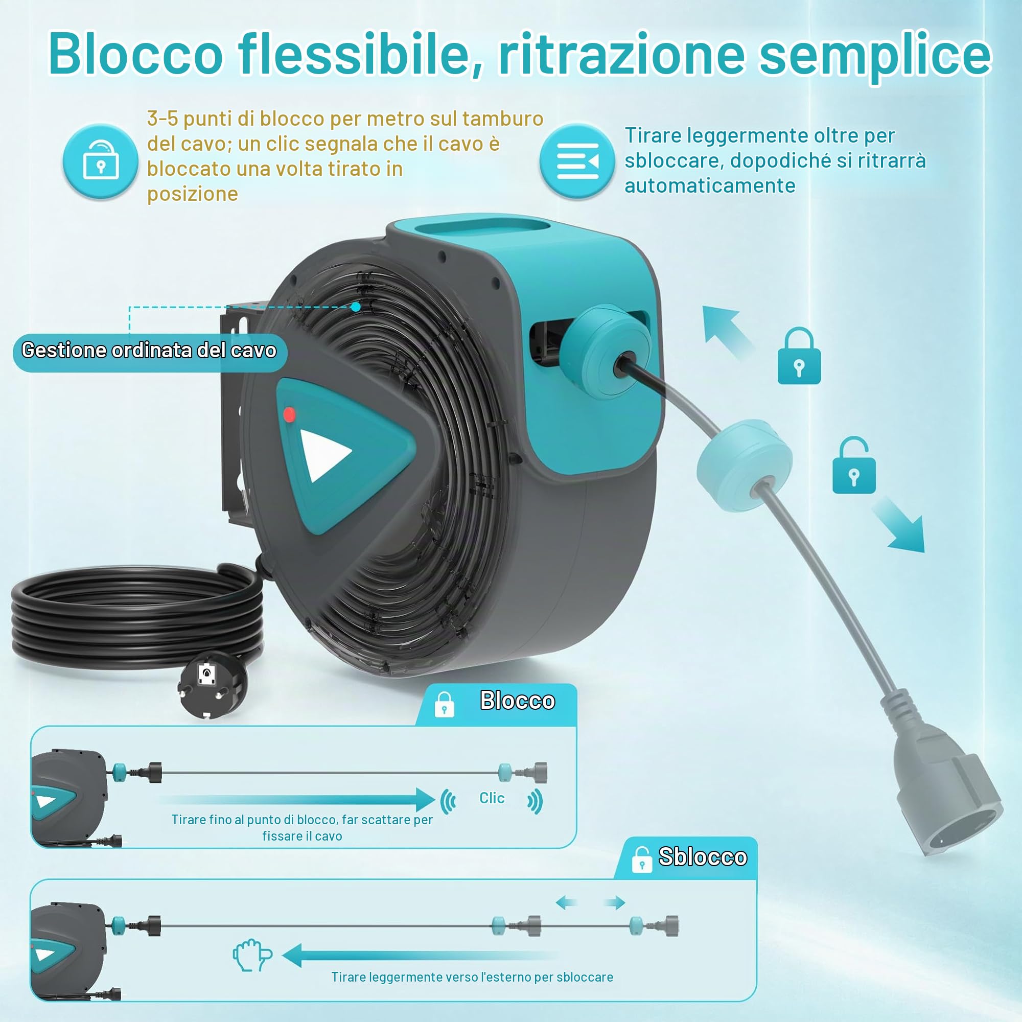 Froadp 20m Automatic Bobine per Cavo, Avvolgicavo con Montaggio a Parete, Bobina Elettrica con Protezione da Sovraccarico, Rotante a 180° con Cavo Elettrico per Gestione del Cavo(Blu)