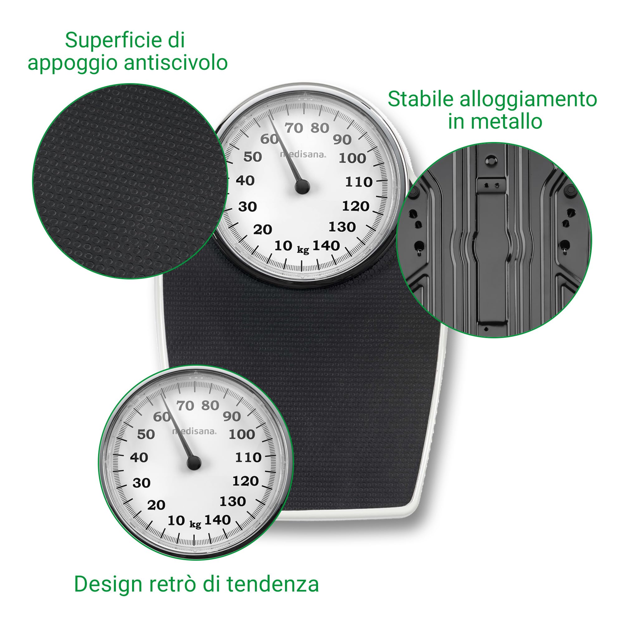 Medisana PSD Bilancia Personale Meccanica Fino a 150 kg, Analogica, Scala Retrò in Design Classico e Su Larga Scala in un Imballaggio Privo di Frustrazioni e con Copertura in Vetro Rinforzato
