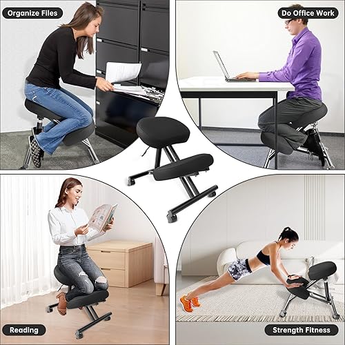 Miniatura 8 de Silla ergonómica de piel sintética, taburete ajustable para el hogar y la oficina con almohadillas gruesas y ruedas de freno flexibles con bloqueo