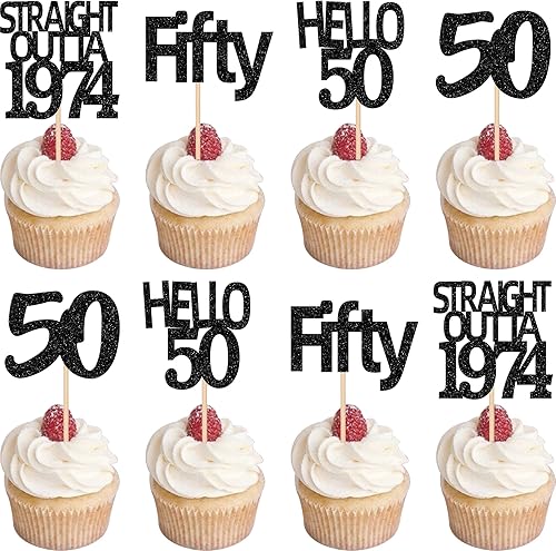 24 piezas de adornos negros para cupcakes de 50 cumpleaños con purpurina Fifty Hello 50 Straight Outta 1974 para magdalenas para saludos a 50 años,