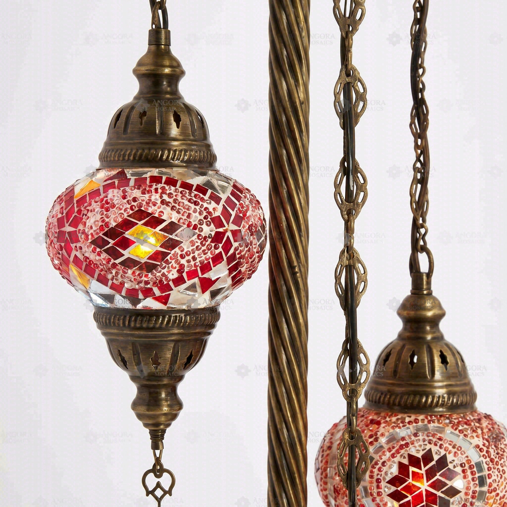 ENVA Lampada da terra a mosaico turco, 3 globi rossi e ambrati, decorazione bohémien marocchina fatta a mano