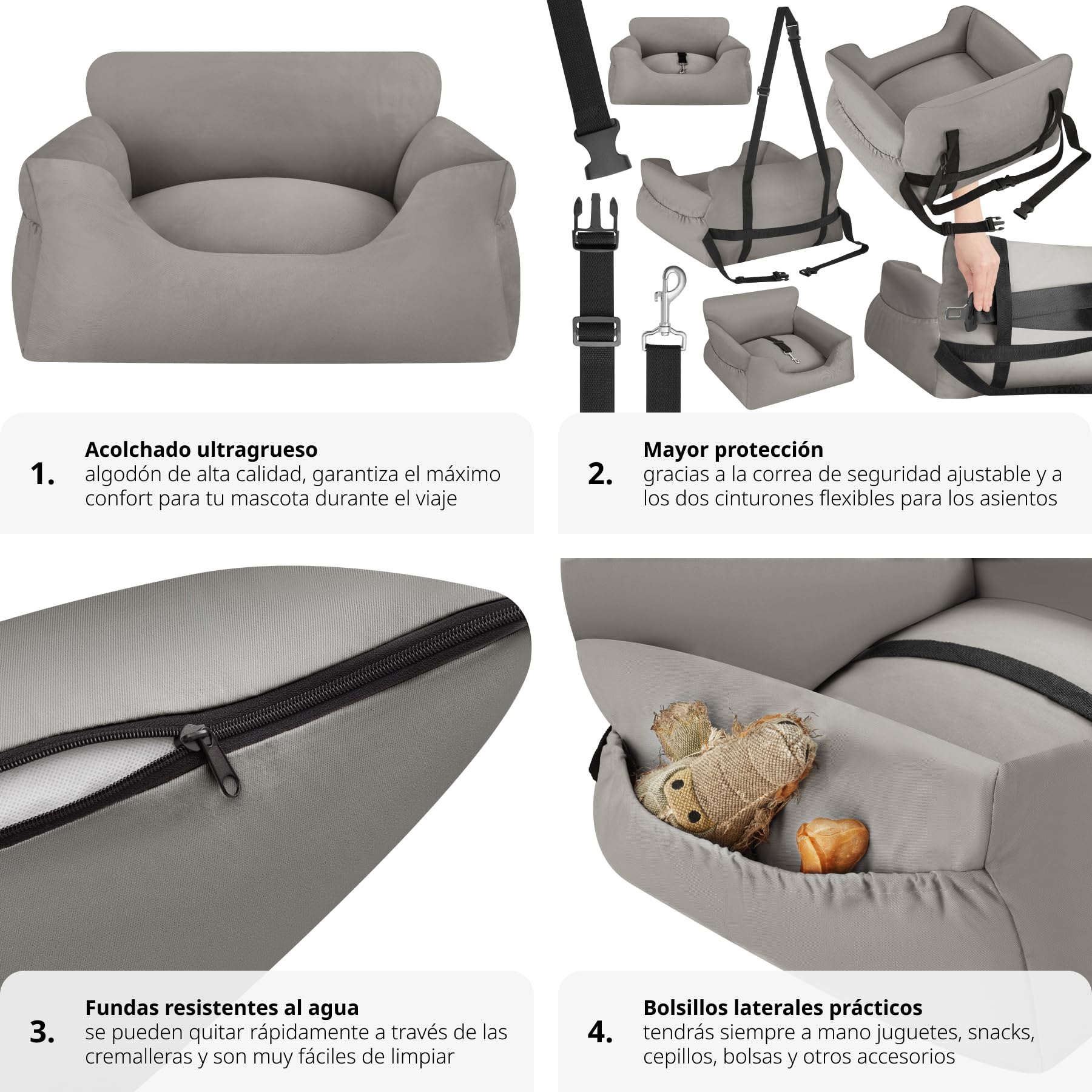 tectake® Asiento de Coche para Perros Pequeños y Medianos - Correa Ajustable, Cojín Lavable, Protector y Transporte - Gris