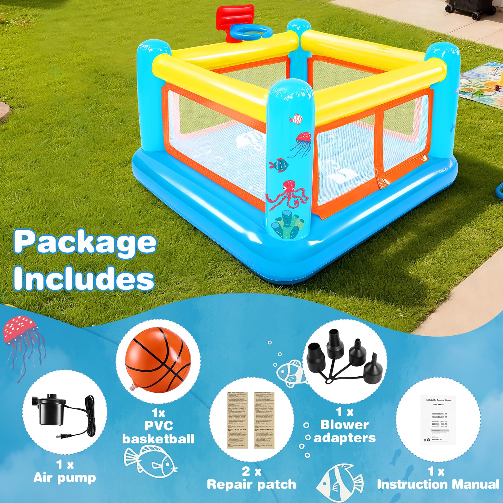 Gonfiabile castello gonfiabile per bambini dai 3 ai 6 anni, piccola casetta giocattolo in PVC con cuscino gonfiabile, canestro da basket e gioco di rimbalzo, pompa ad aria inclusa