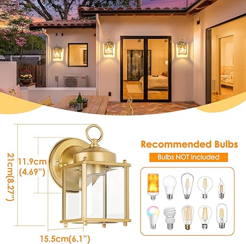 Miniatura 2 de MATAMEYE Farol de pared para exteriores, aplique de pared impermeable exterior, iluminación de pared dorada para puerta delantera con pantalla de