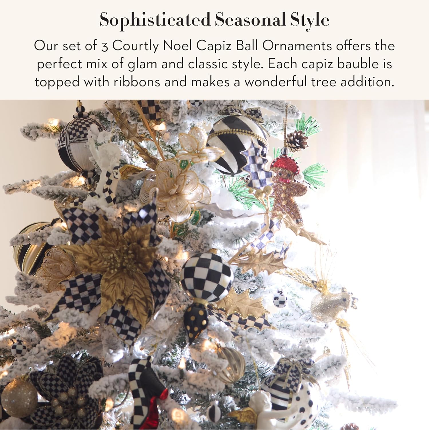 MACKENZIE-CHILDS Set of 3 Capiz Ball Ornaments, Christmas Tree Decorations Set, Black-and-White Courtly Noel - Image 2