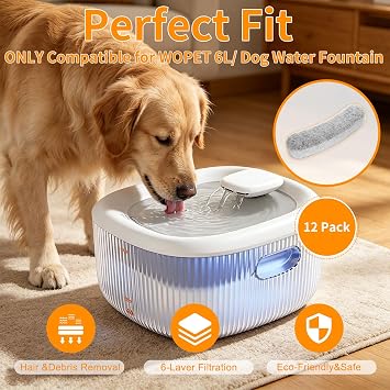 12 Pack Replacement Filters Compatible with WOPET 6L Dog Water Fountain for Dogs and Cats, White, Cotton, Round, Multilayer Filtration