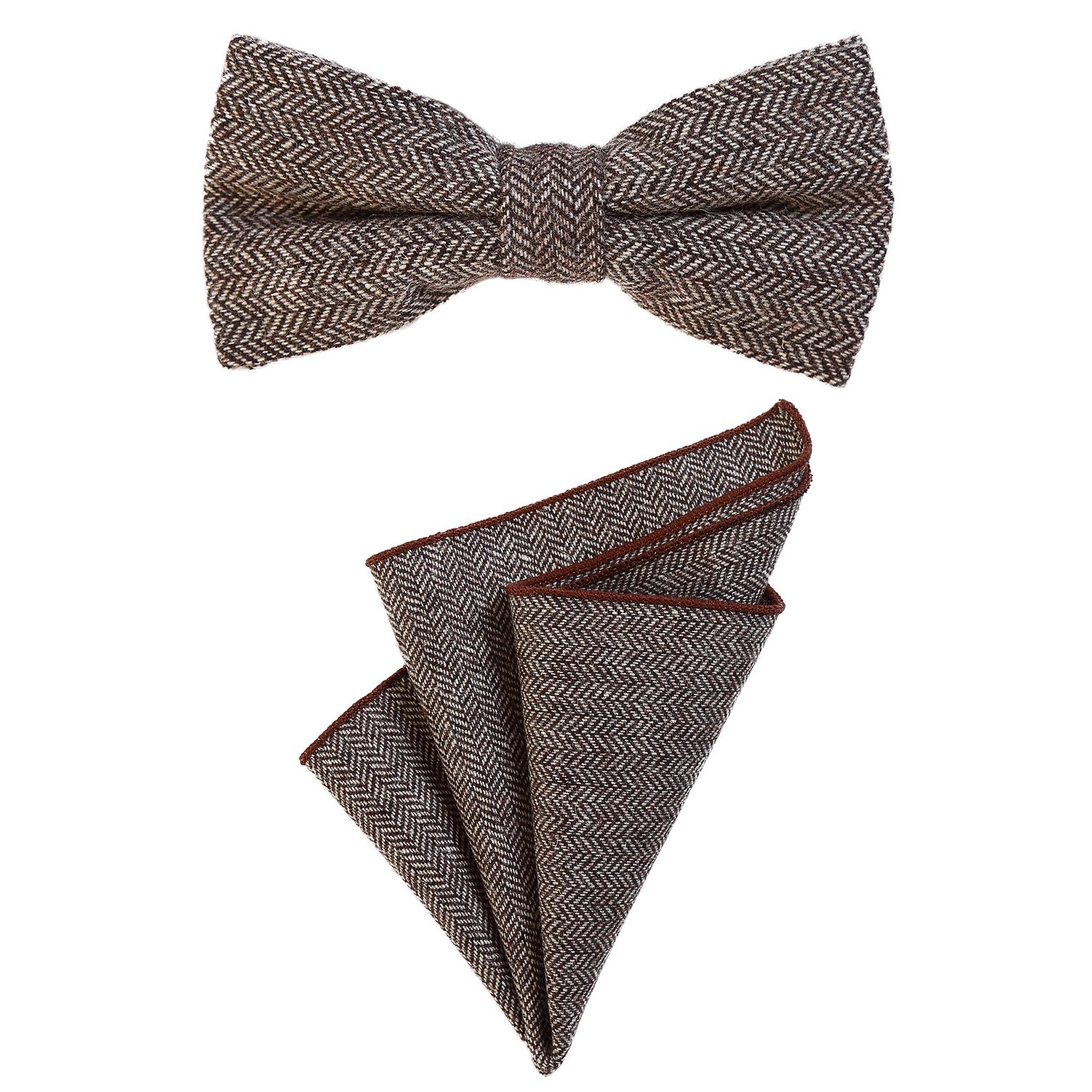 Dondon Men's Brown Bow Tie 4.72 X 2.36-12 X 6 Cm With Matching Handkerchief 9.05 X 9.05-23 X 23 Cm Both From Cotton In A Checkered Tweed Look