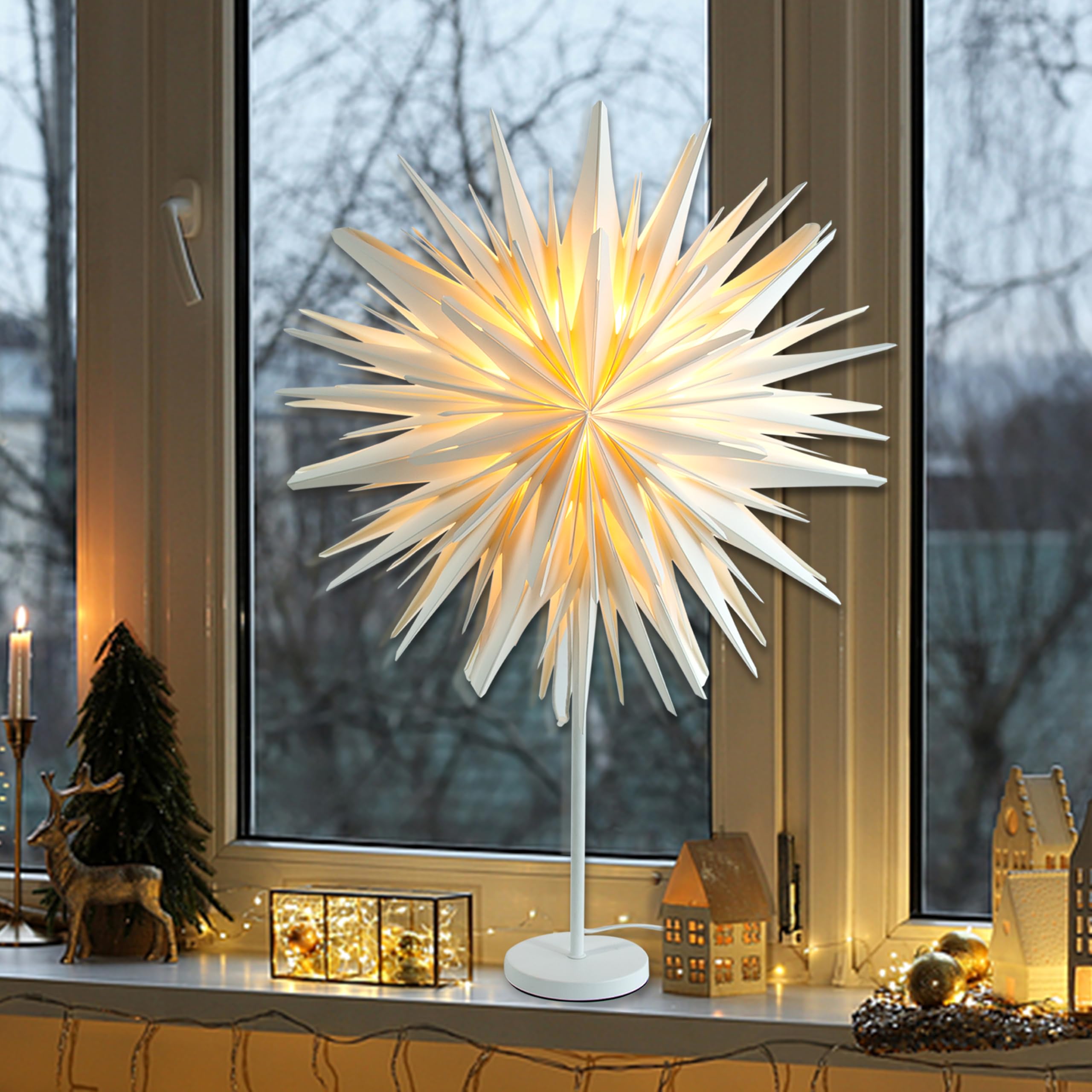 Stehender Weihnachtsstern Beleuchtet - LED Papierstern Weihnachten Tischlampe für Weihnachtsdeko Innen Fenster， Leuchtsterne Deko, Weihnachtsbeleuchtung Lichterkette, Weiß