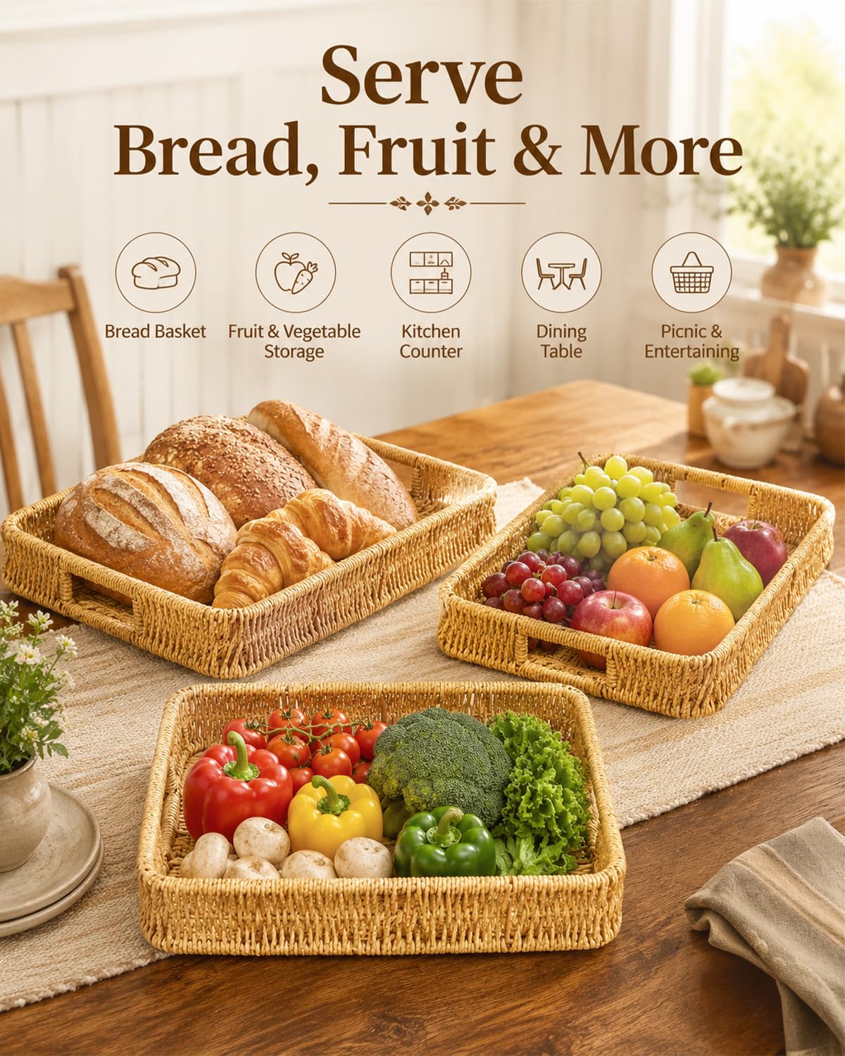 Cesta de pan, paquete de 3 cestas tejidas de mimbre, bandejas tejidas con asas, cestas de pan para servir cestas de pan tejidas para comedor, café, frutas, verduras, 3 tamaños