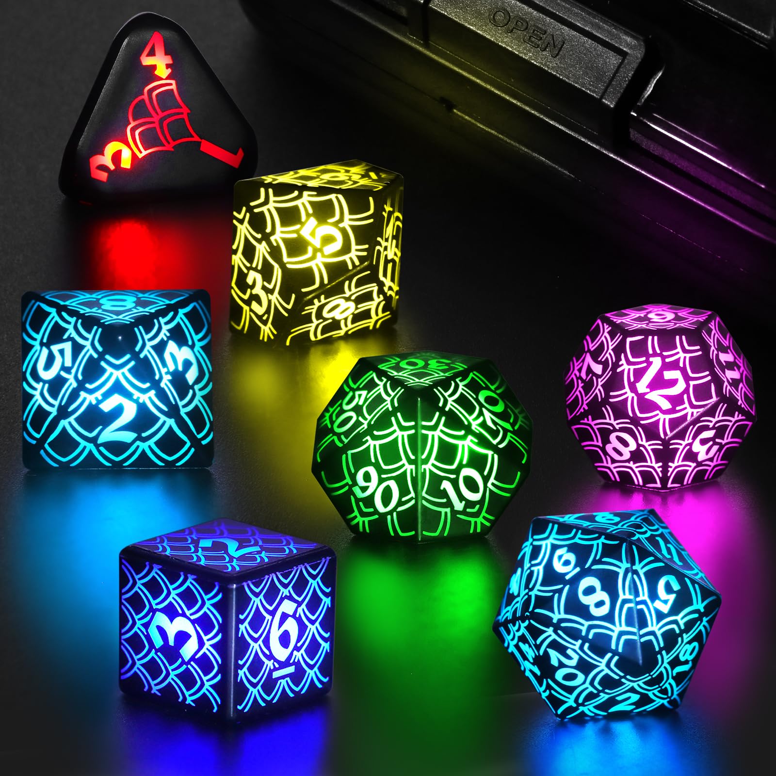 ZHOORQI LED Dice Set DND Rechargeable, DND Dice Wireless Charging, RGB Light up Dice for D and D Role Playing Dice Gifts(RGB-Dragon Scale)