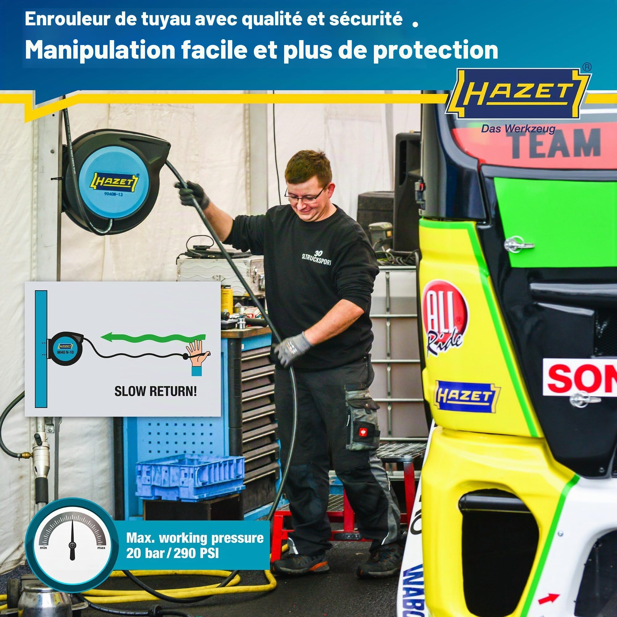HAZET Enrouleur de tuyau 9040N-13 I Longueur de tuyau 15 m, diamètre intérieur : 13 mm, pression : 20 bar pour air comprimé et eau I avec fonction "Stop at any point