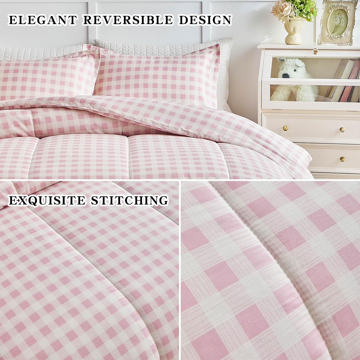 Joyreap 3pcs Cotton Comforter Set Twin, Pink Grid Gingham Check Design for Girls, Soft Cozy Lightweight Bedding Comforter Set for All Seasons- 68x88 inches