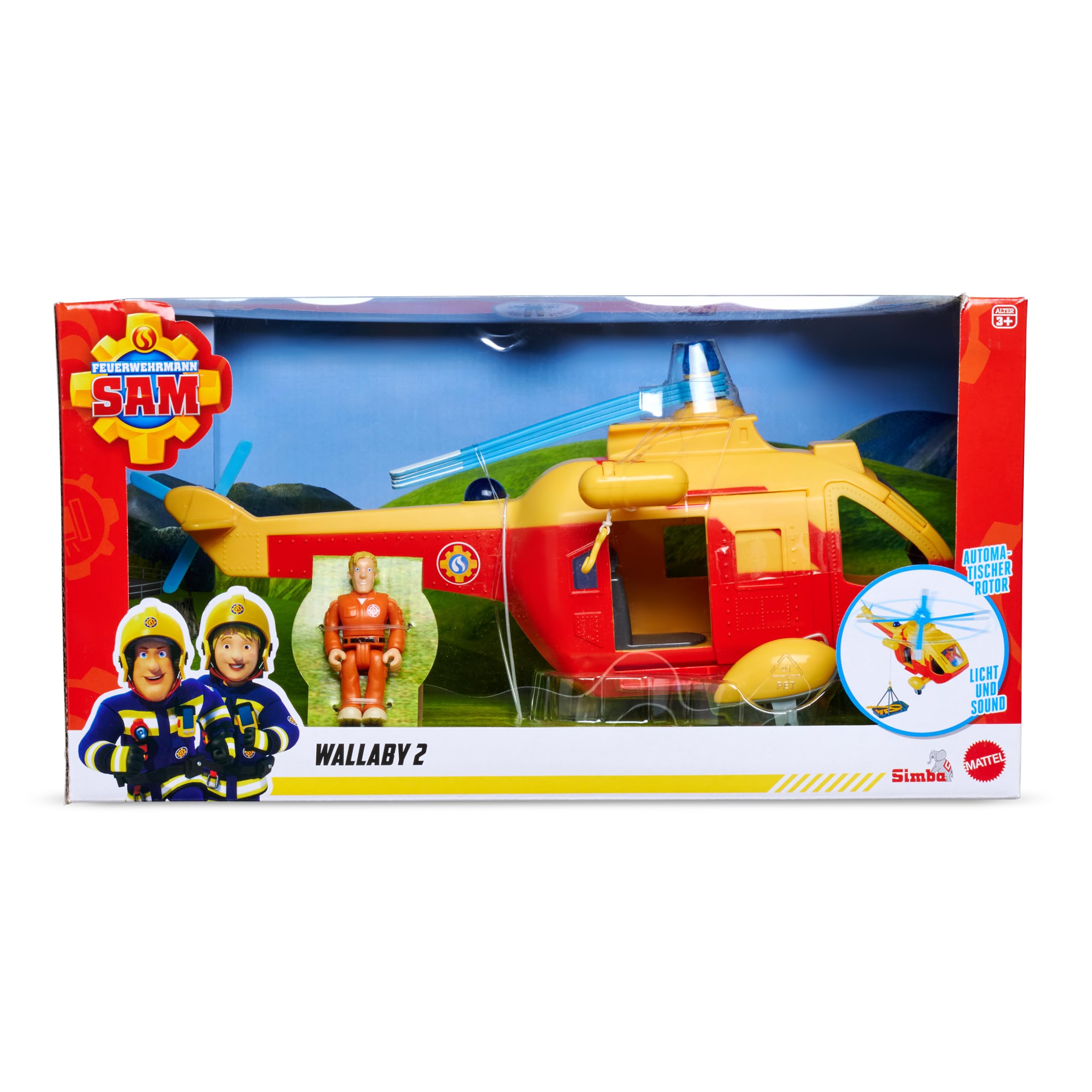 Simba Bombero Sam Helicóptero Wallaby II Update, Rotor automático, luz, Sonido, cabrestante, Figura de Tom, Accesorios, 34 cm, a Partir de 3 años