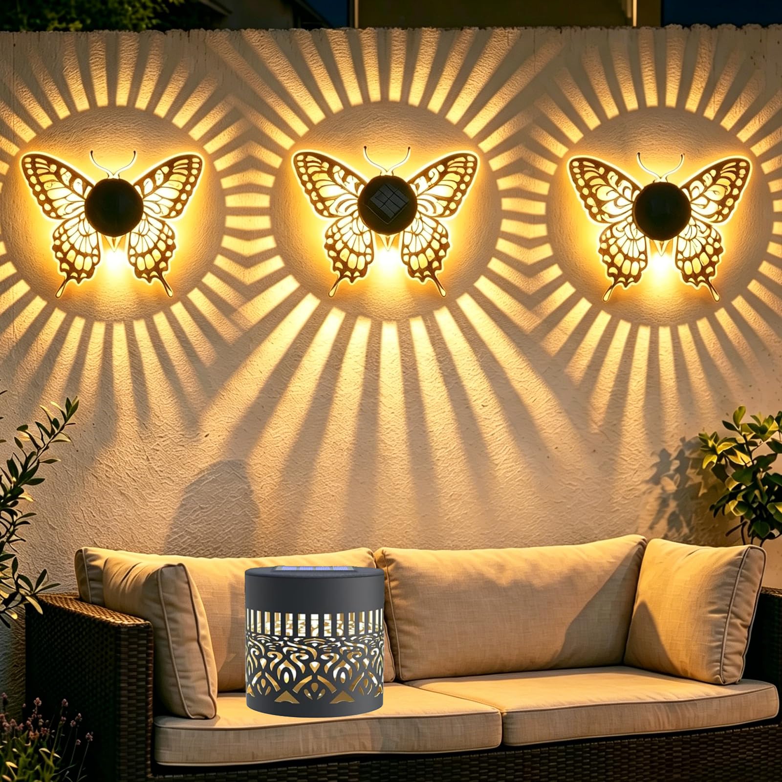 Solar-Powered Mandala Projector Light, Waterproof Rain, Snow,3-Foot Pattern from A 5-Inch Lights,Metal Shadow for Outdoor Fence, Patio, Garden, Warm LED Decorative Lighting Wandleuchte (1, C)
