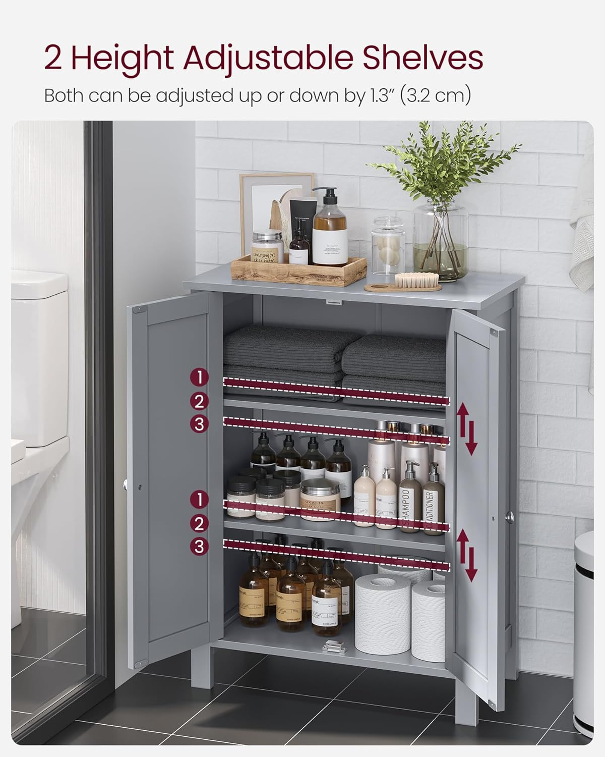 VASAGLE Bathroom Floor Storage Cabinet, Bathroom Storage Unit with 2 Adjustable Shelves, Bathroom Cabinet Freestanding, 11.8 x 23.6 x 31.5 Inches, Dove Gray UBCB060P36