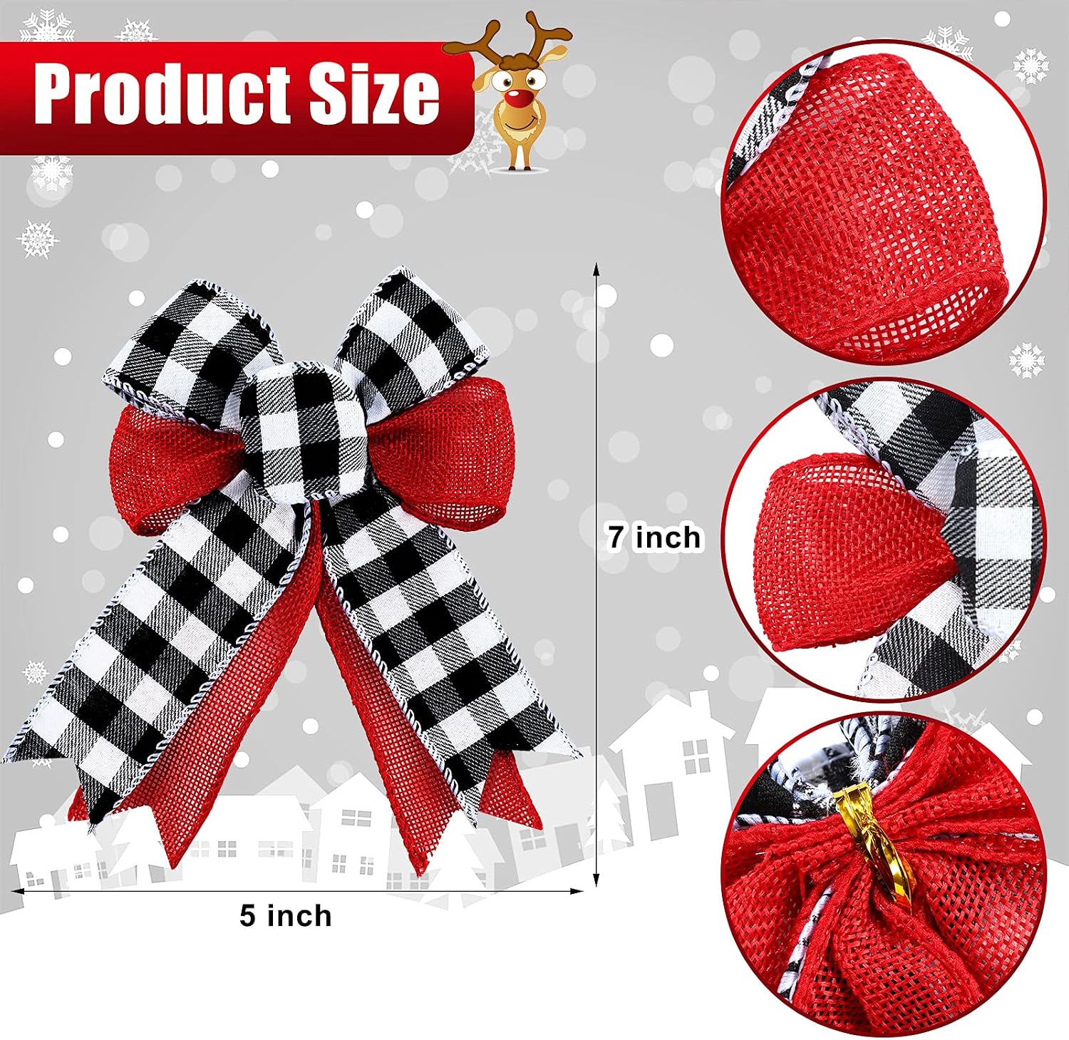 MTLEE 12 Pieces Christmas Burlap Bows Rustic Crafts Wreath Bow Xmas Holiday Decor Ornaments for Christmas Tree Crafts Home Wedding Birthday Decoration 5 x 7 Inch(Black White Plaid)