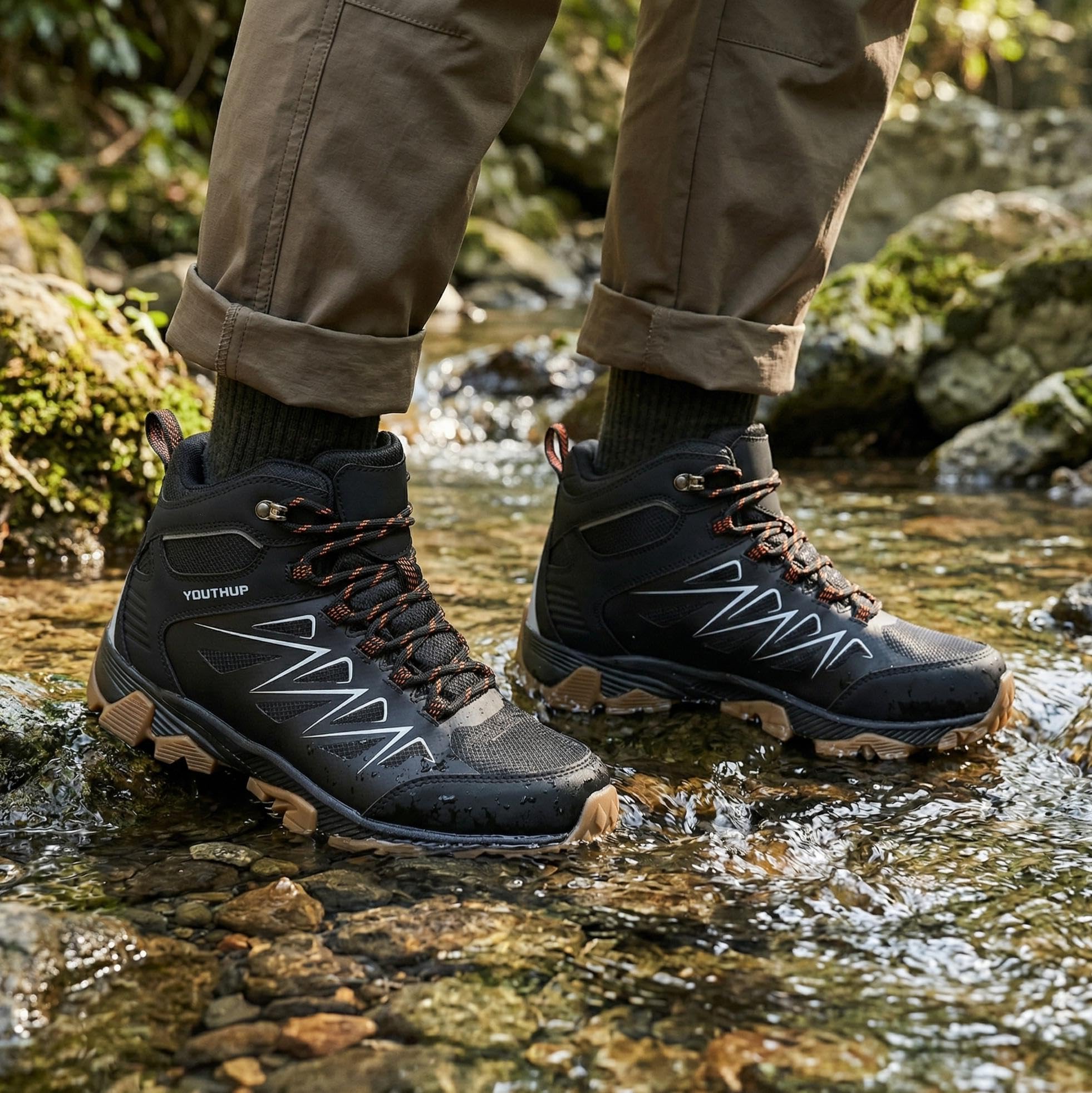 YOUTHUP Herren Knöchelhohe Wanderschuhe Wasserdicht Trekkingschuhe | Leicht Rutschfest Abriebfest Hiking Boots Atmungsaktiv Mesh Outdoorschuhe Casual Wanderstiefel, Modisch & Dynamisch