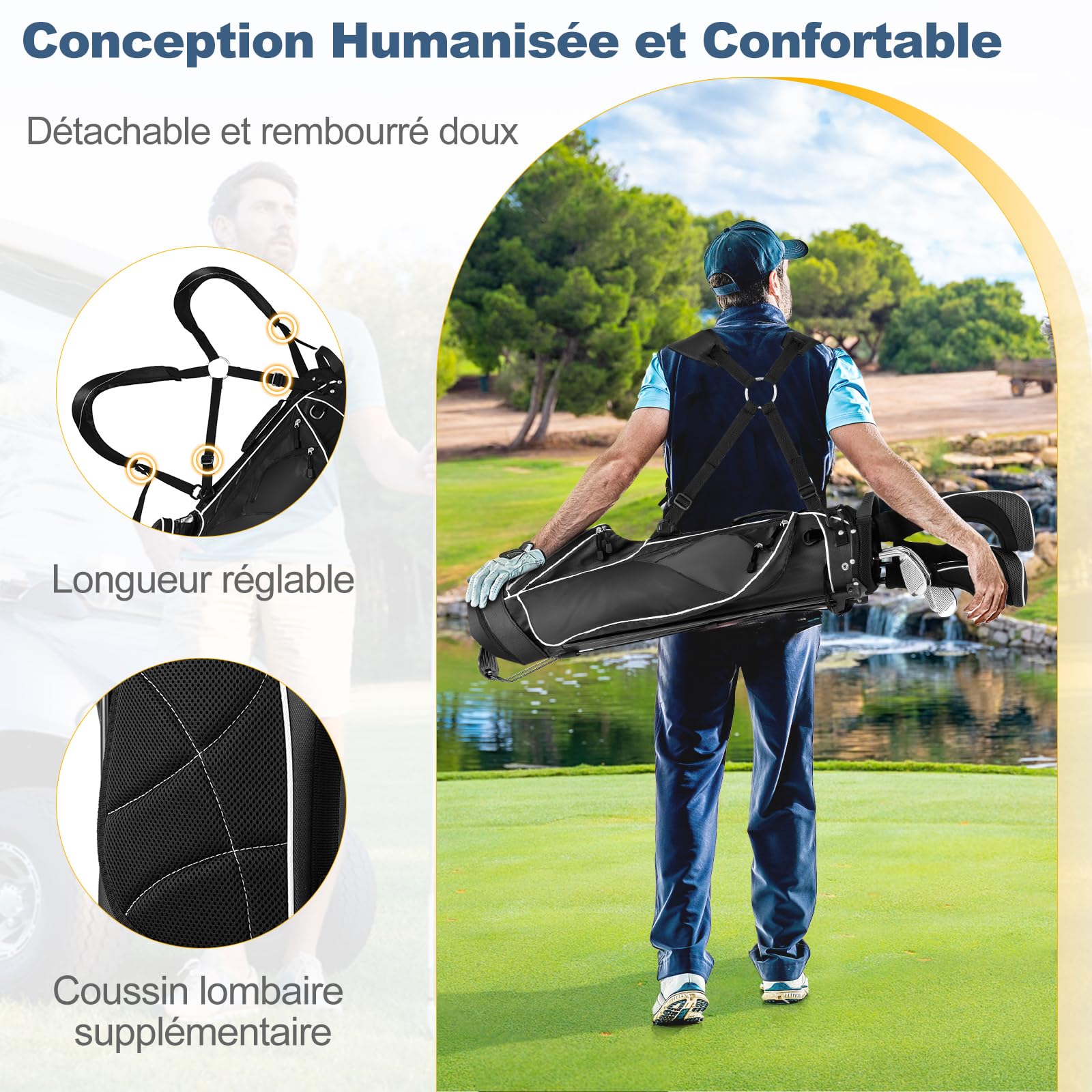 GOPLUS Sac de Golf Trépied Mixte avec Support Stand 7 Trous pour Homme - Léger Sac de Transport et Arrangement Noir