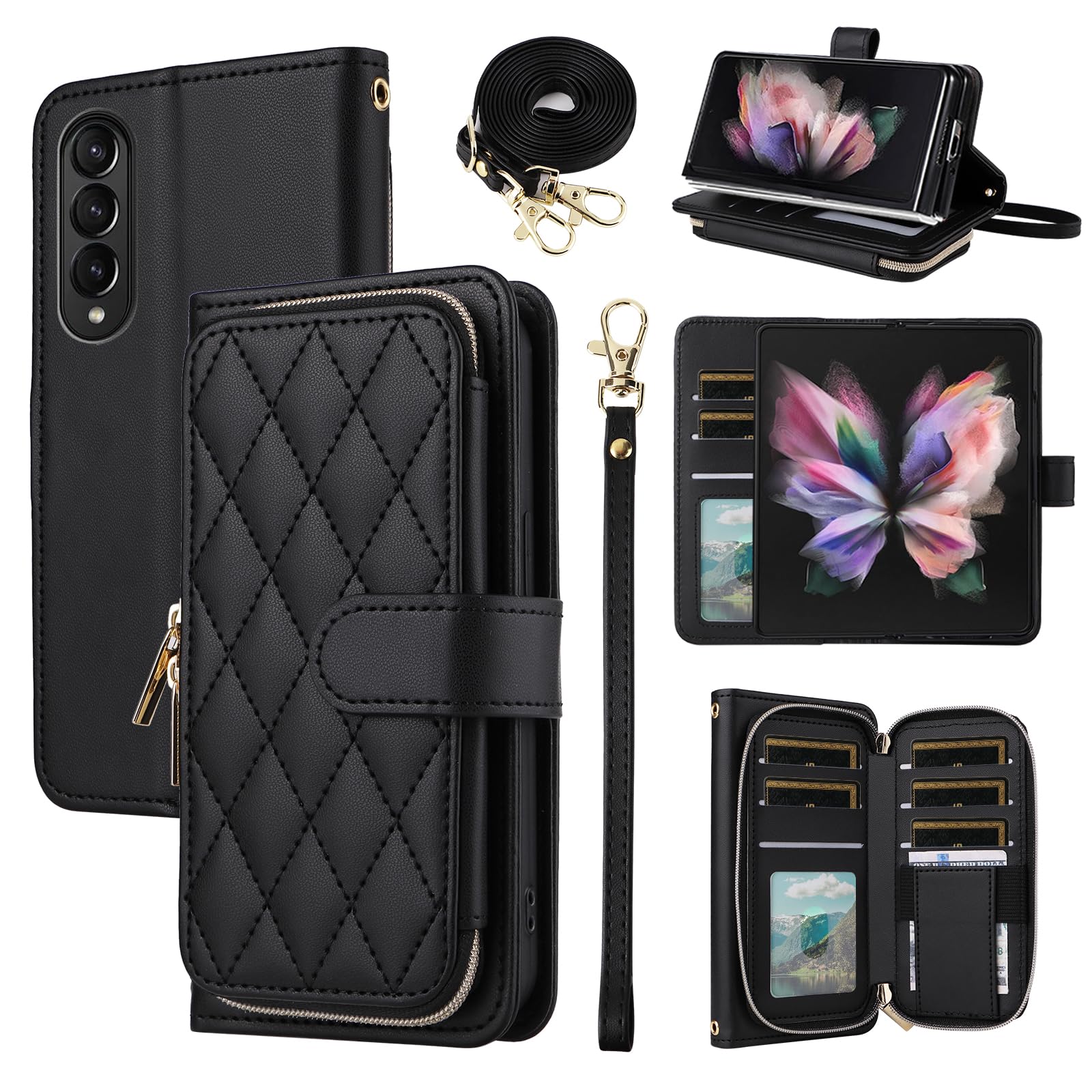 Furiet Wallet Case for Samsung Galaxy Z Fold 4 5G 2022 with Wrist Strap Crossbody Shoulder Strap, 9+ Card Slots Zipper Purse, Luxury PU Leather Stand